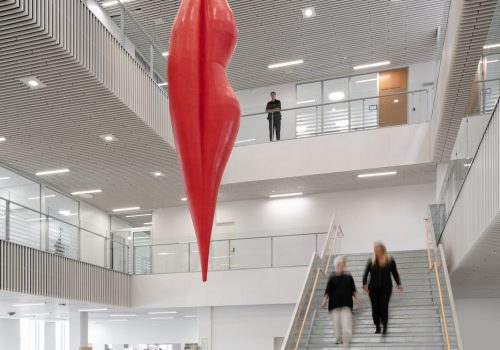 The works Hollow lips and Blue ears are permanently installed at University College Absalon in Slagelse (DK). The works are site and building integrated and have been produced concurrently with the university college. Hollow lips hang in the cafeteria meeting the students of Nursing, Social Work, Nutrition and Health and the B. Ed. program for primary and lower secondary school teachers . The lips, or the big mouth, are made of glasfiber - a textile materiale, airy and empty inside. The cavity of the mouth makes it a vessel, but its inner void can also direct the mind towards empty words, silent lips or just being quiet.