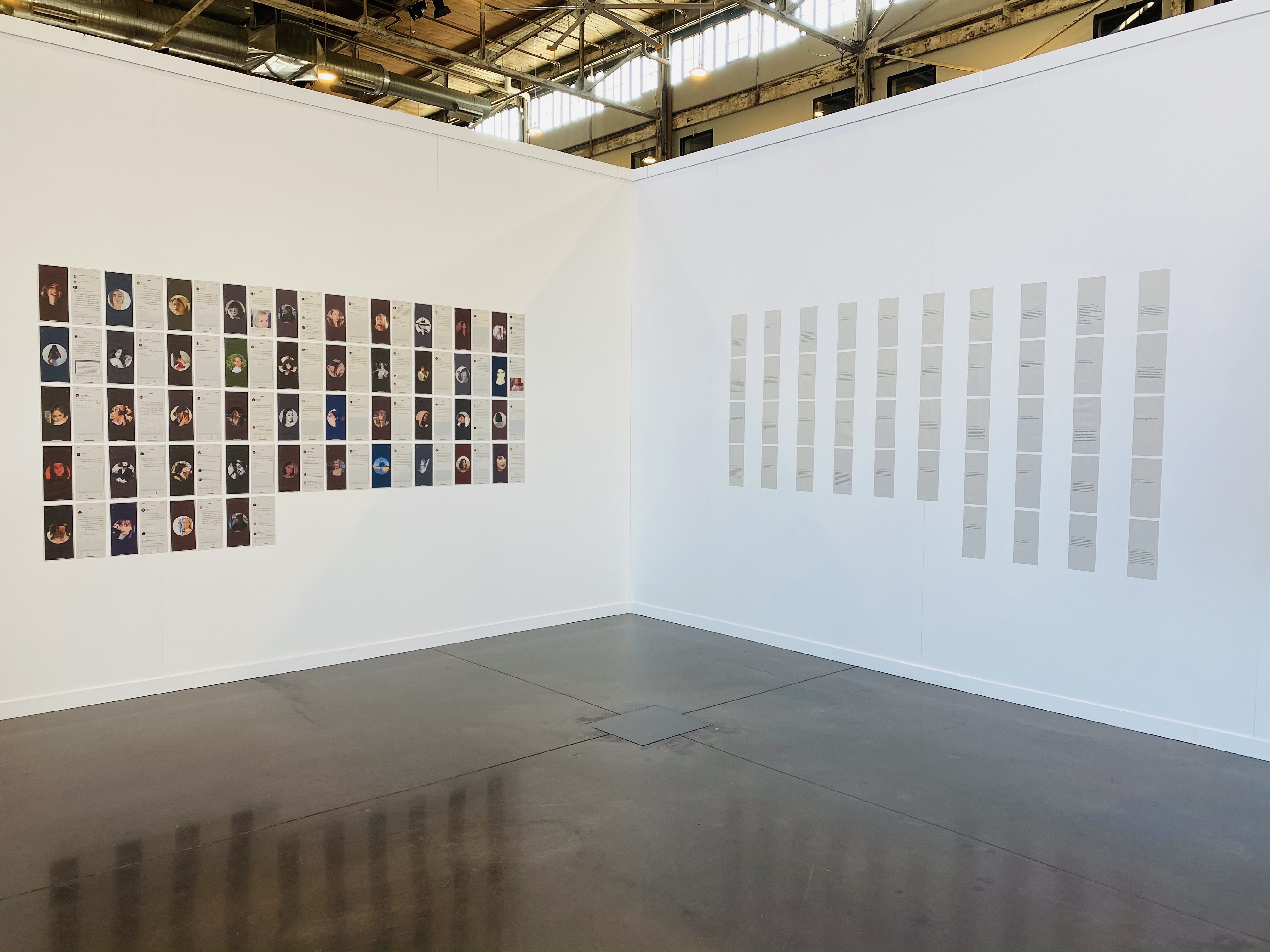 This work is an ongoing archive the artist started to collect in 2019 by screenshot twitter comments of women policing other women on how they suppose to dress. On the facing wall, There are screenshots of the same women's profile pictures of anonymous women dressing in a contradictory way of what they believe.