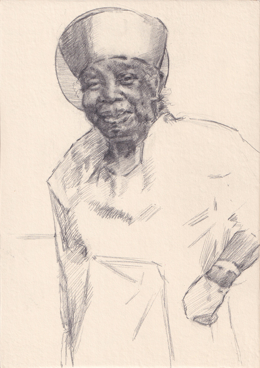 this drawing depicts the Artist Grandmother, Annie Mae around the age 76. She is wearing a church hat and gown with a single gloved hand on her hip.