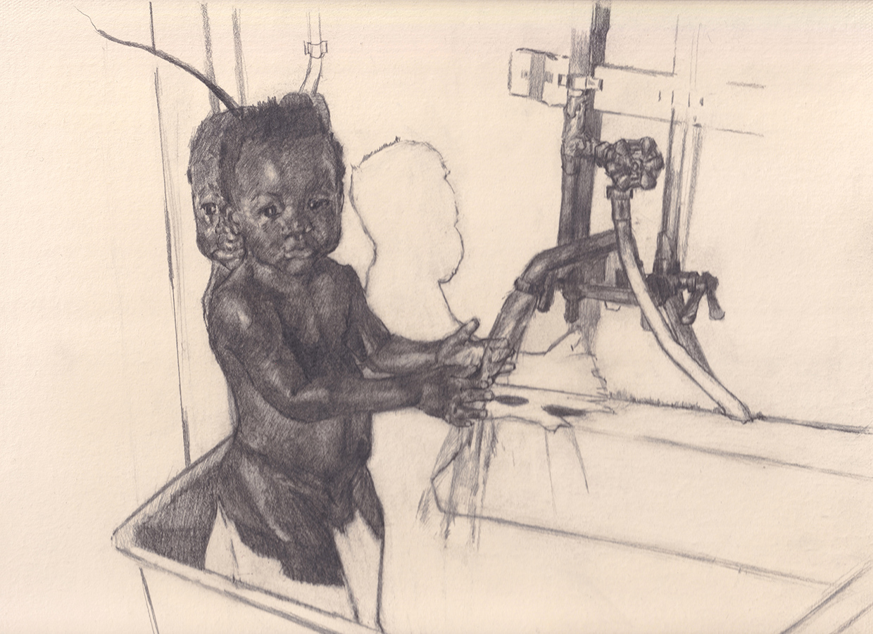 this drawing depicts the artist nephew, Noah, between 9 and 11 months old bathing in a large stationary tub.