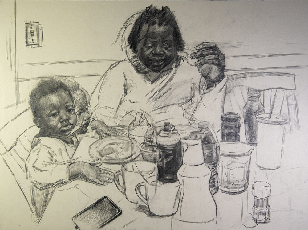 This drawing depicts a multiple exposures of the same dinner scene. Here the artist Mother and Nephew are having dinner while moving through multiple versions of the same actions. eating, arguing, and several facial expressions.
