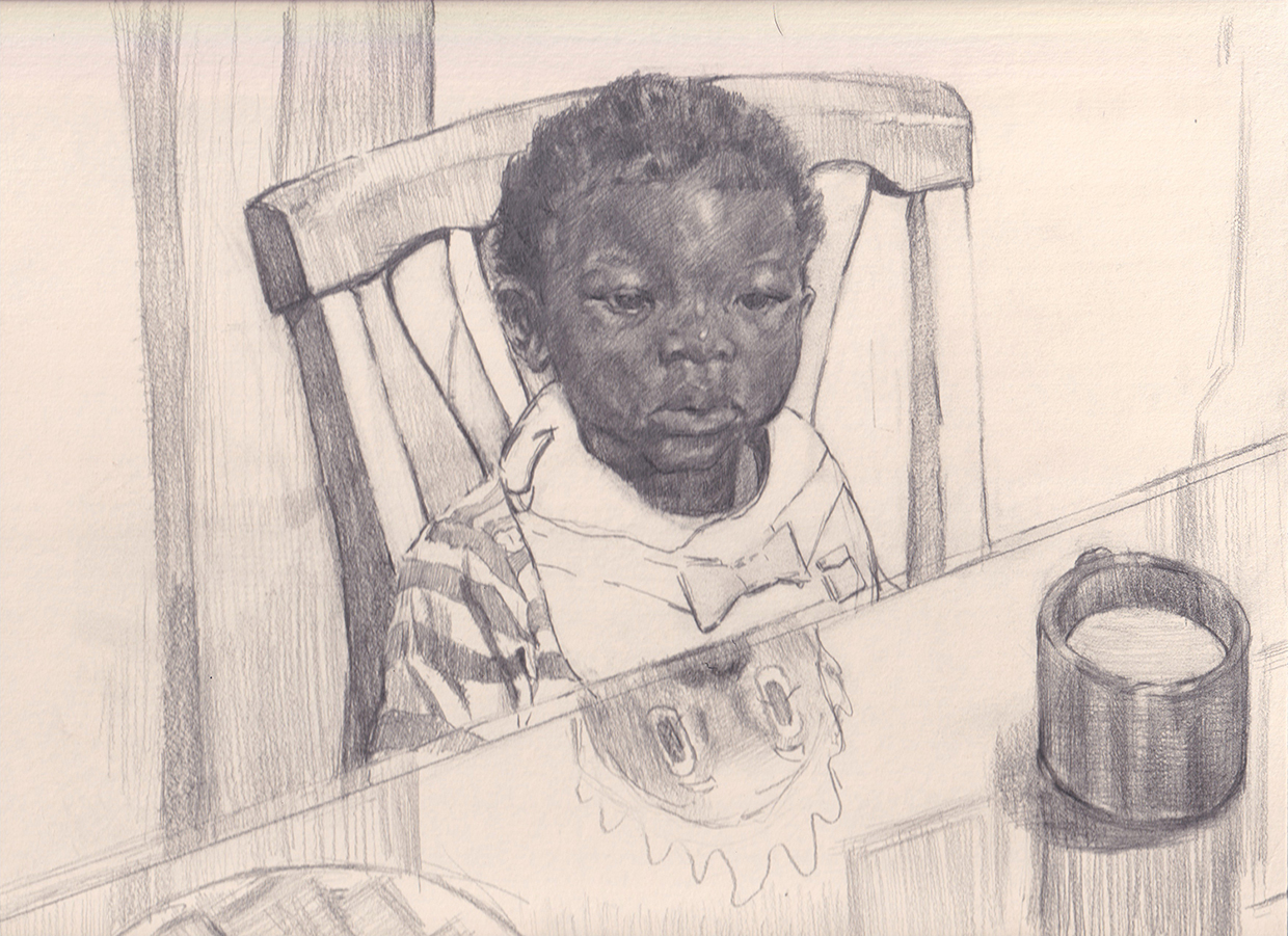 this drawing depicts the artist nephew, Noah, between 12-16 months old sitting at a dinning table with a rubber baby bib frowning. He has a blank a sad and blank look on his face. There is a reflection of a little black sambo in the reflection.