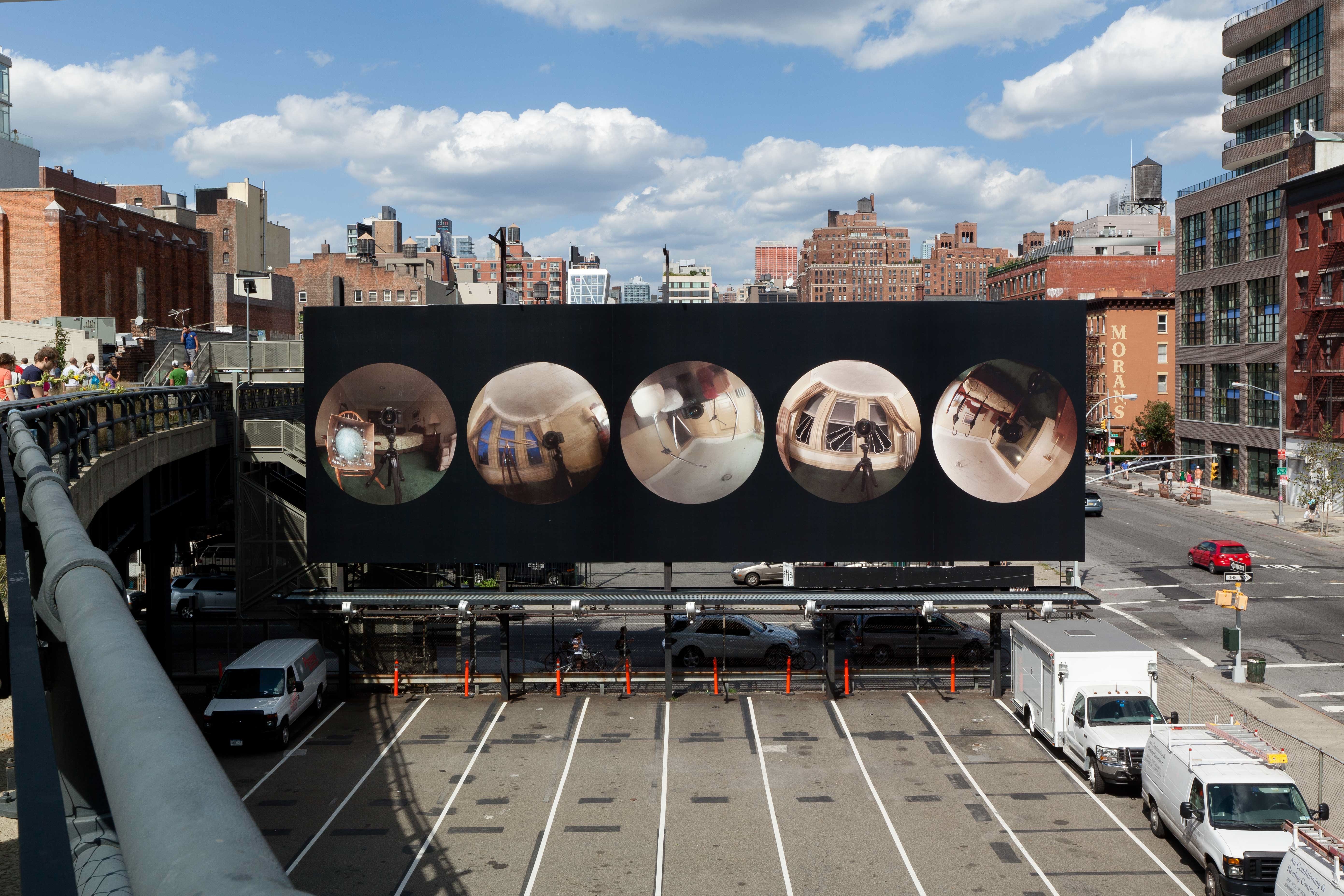 Telescopic planetary views inform this billboard commissioned by the High Line. Voyeuristic scenes of hotel rooms depict mundane objects spontaneously arranged to contemplate the act of looking, assemblage, and the planet Jupiter. Notions of improvisation were amplified during the show’s run with weekly performances based on John Coltrane‘s jazz composition “Jupiter.”