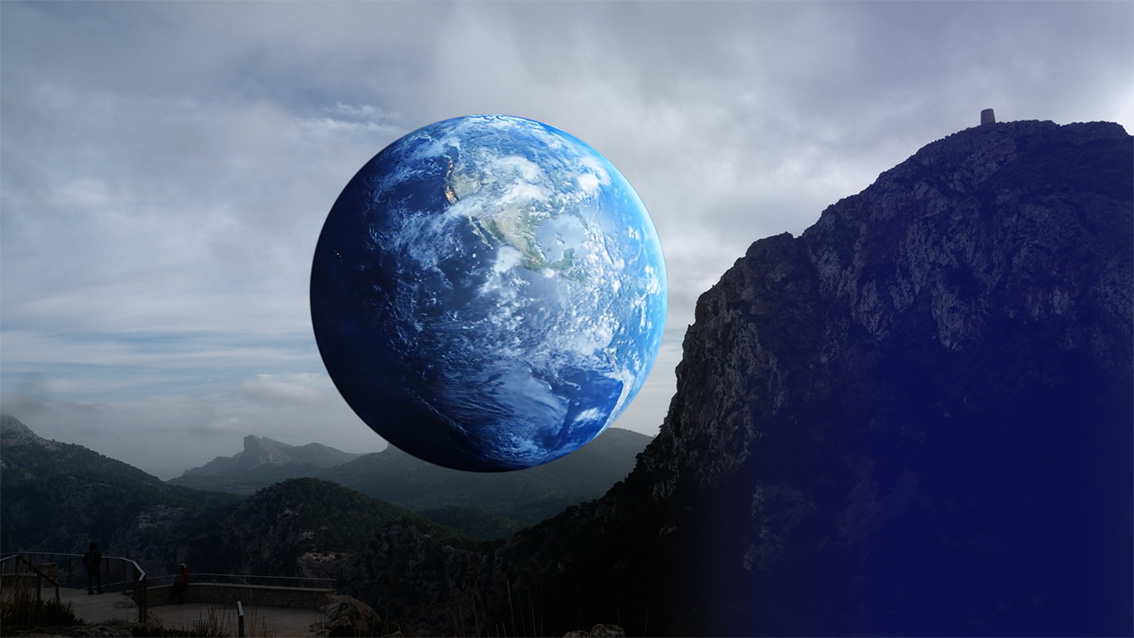 A hyper-detailed image of the planet Earth as seen from space hovers in the middle of a mountain landscape. A viewing platform and lone figure gazing at the mountains can be seen in the lower left hand corner, and from the right side of the image there is a blue semi-transparent aura over the mountain.