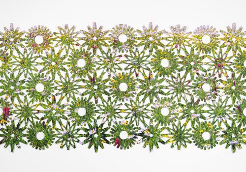 Folded Photographic net of alpine wildflower field featuring Arnica, Aster, and Castilleja flowers. The photograph has been printed, folded, and knit into the form of a net. The pattern of the net reflects the petal pattern of the flowers in the original image.