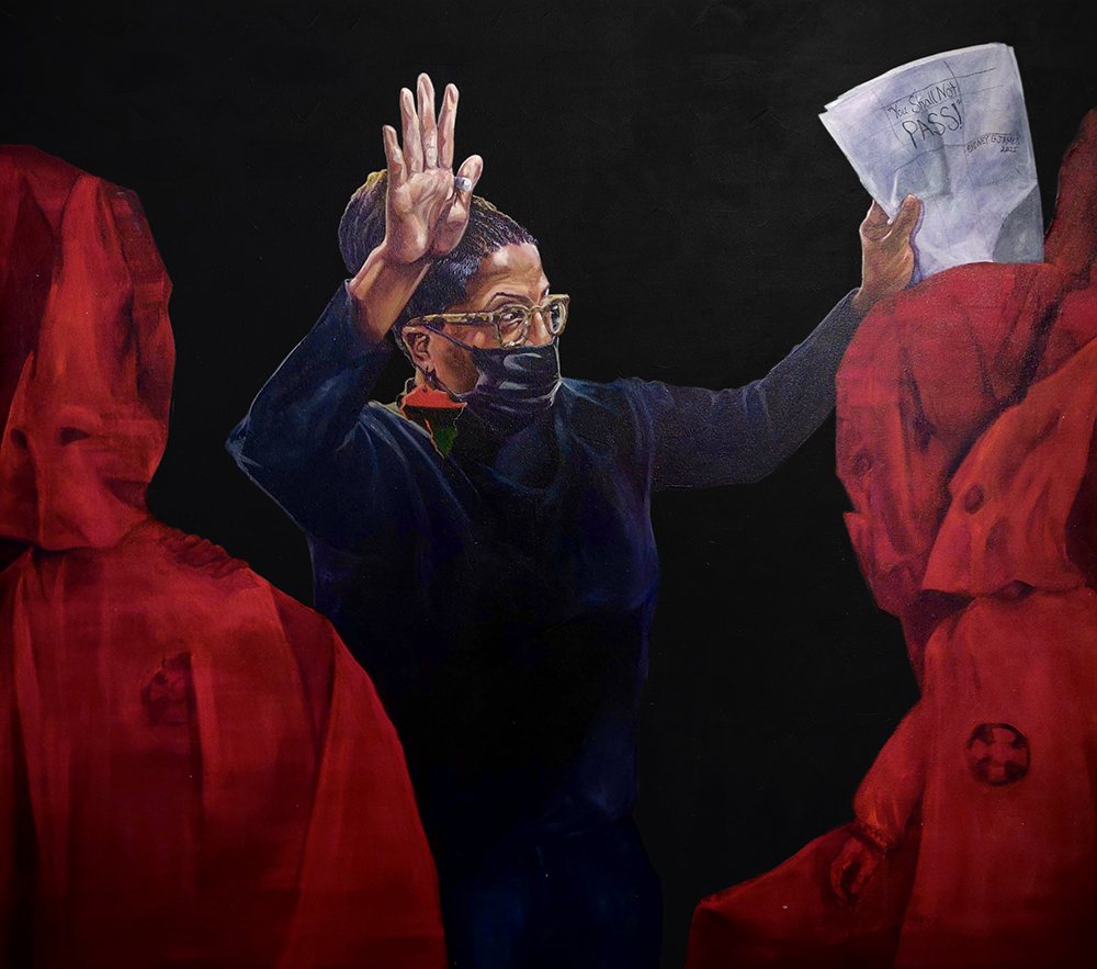Vibrant Painting of a Black Woman with her hands held high while holding paperwork blocking entry to red silhouetted people seemingly surrounding her,