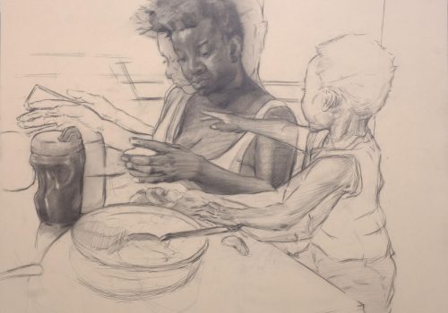 This is a graphite drawing on paper of Anai and Noah during breakfast. Three exposures of Anai eating, texting, and talking to Noah superimposed over one another. Noah is asking for more oranges.