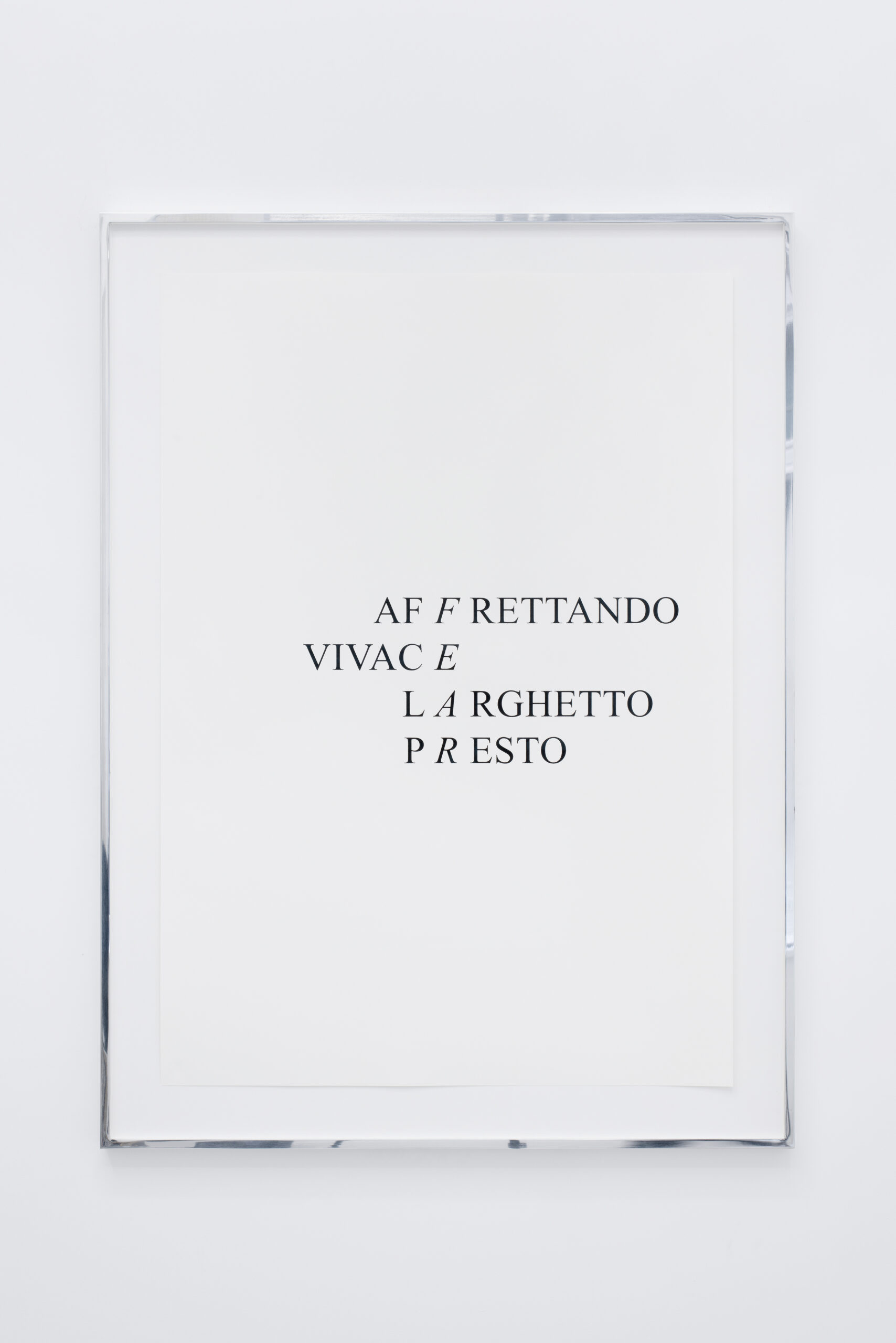 Functioning as an acrostic poem, four musical tempi are shifting horizontally, creating the words Fear, Hope, Hate Love in the vertical center line. The series of four silkscreen prints deals with subjectivity of human emotions versus the limitations of language trying to find common ground.