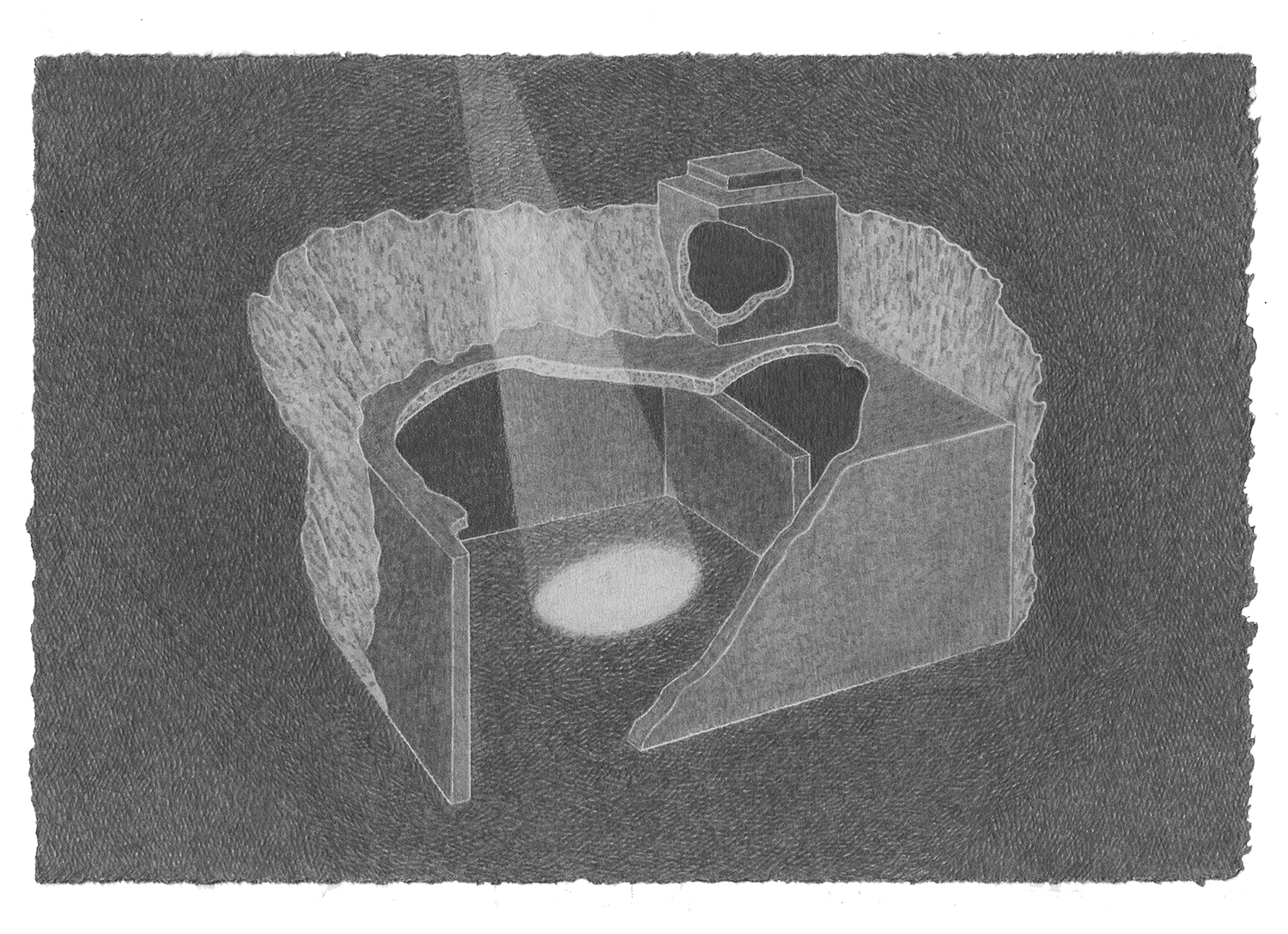 Textured drawing of a section cut rectangular structure, revealed through cut rubble underground. A spotlight appears from the center of the page and hits the center of the room.