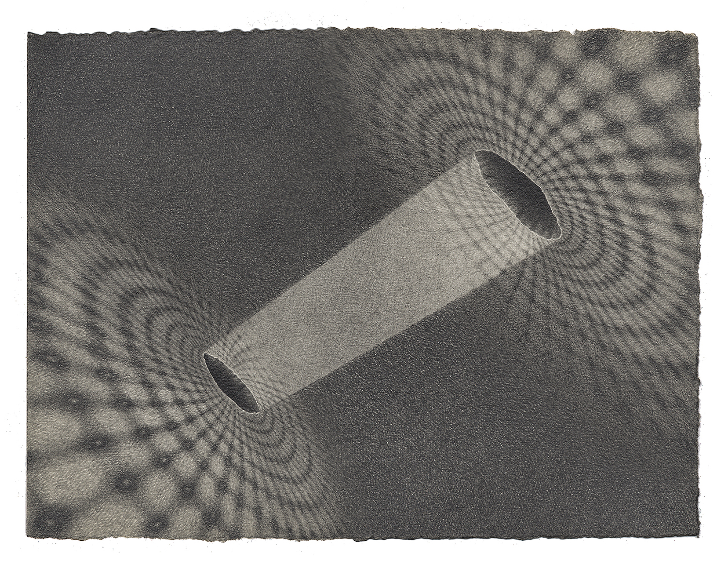 A textured drawing depicting two crater / sinkhole structures with a spotlight connecting the two. Each crater has a swirling gradient whirlpool pattern which blends into the background