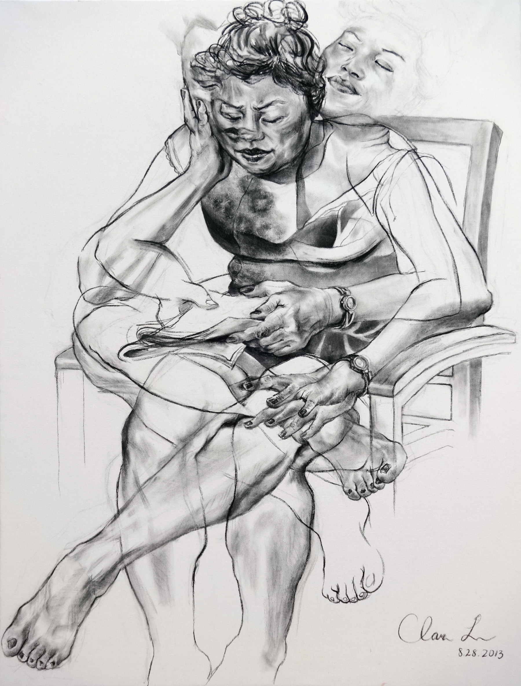 A charcoal drawing of my mother in different poses as she sleeps and reads on a chair
