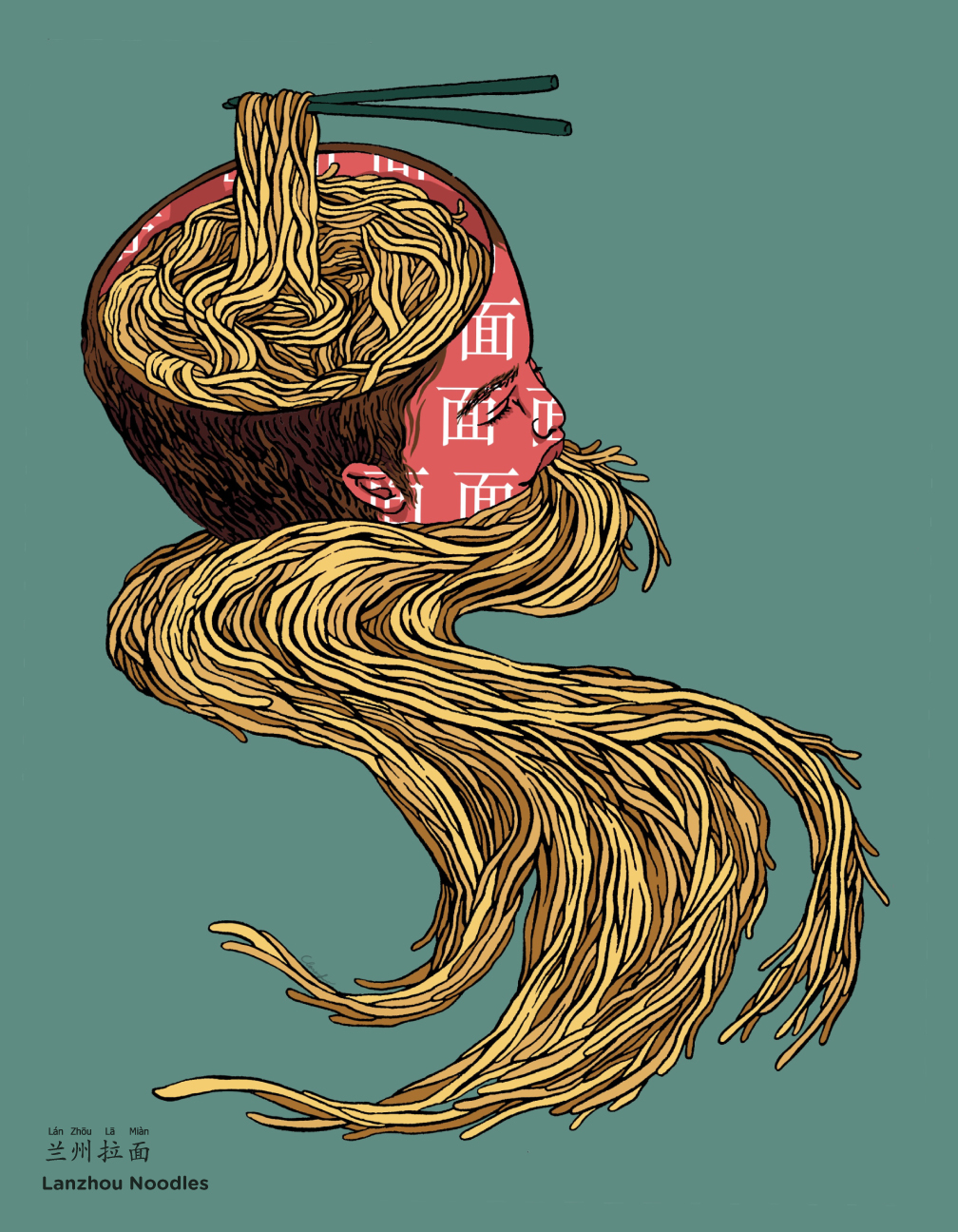 A digital drawing of a person's head that is also a bowl of noodles. In their head-bowl are hand-pulled Chinese lanzhou la mian and there are chopsticks lifting noodles up. The head-bowl is also slurping up noodles. The head-bowl is a pink-red and the noodles are dark yellow. The drawing is on a turquoise background.