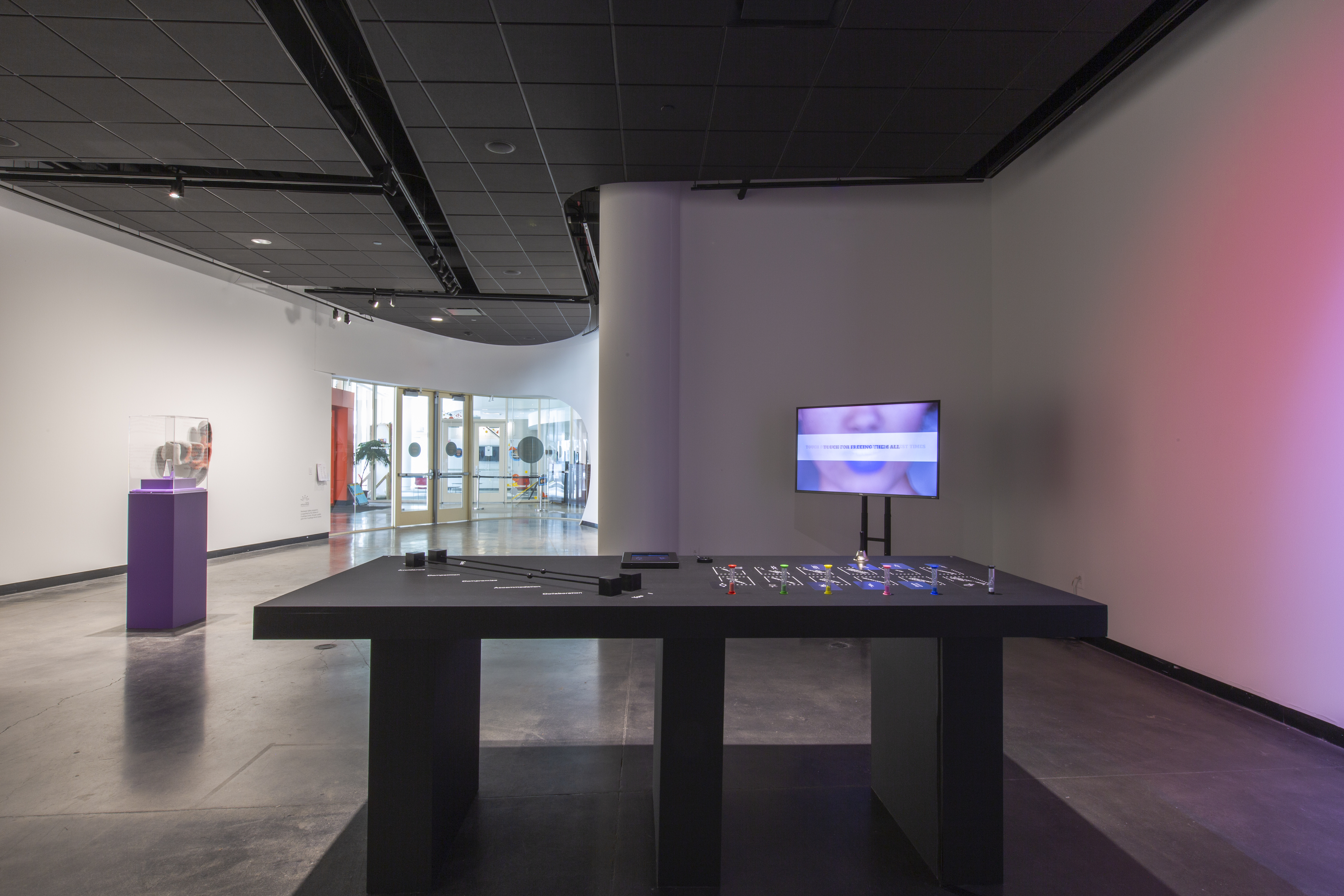 Exhibition view of TITLE TBD, a group exhibition featuring work by ⚙️️Admin, Adult Kindergarten, Thomas Barger, Lukaza Branfman-Verissimo, GenderFail, Jeff Kasper, Ariane Loze, Natalia Nakazawa, Emily Mae Smith and presented at The Cleveland Institute of Art's Reinberger Gallery.