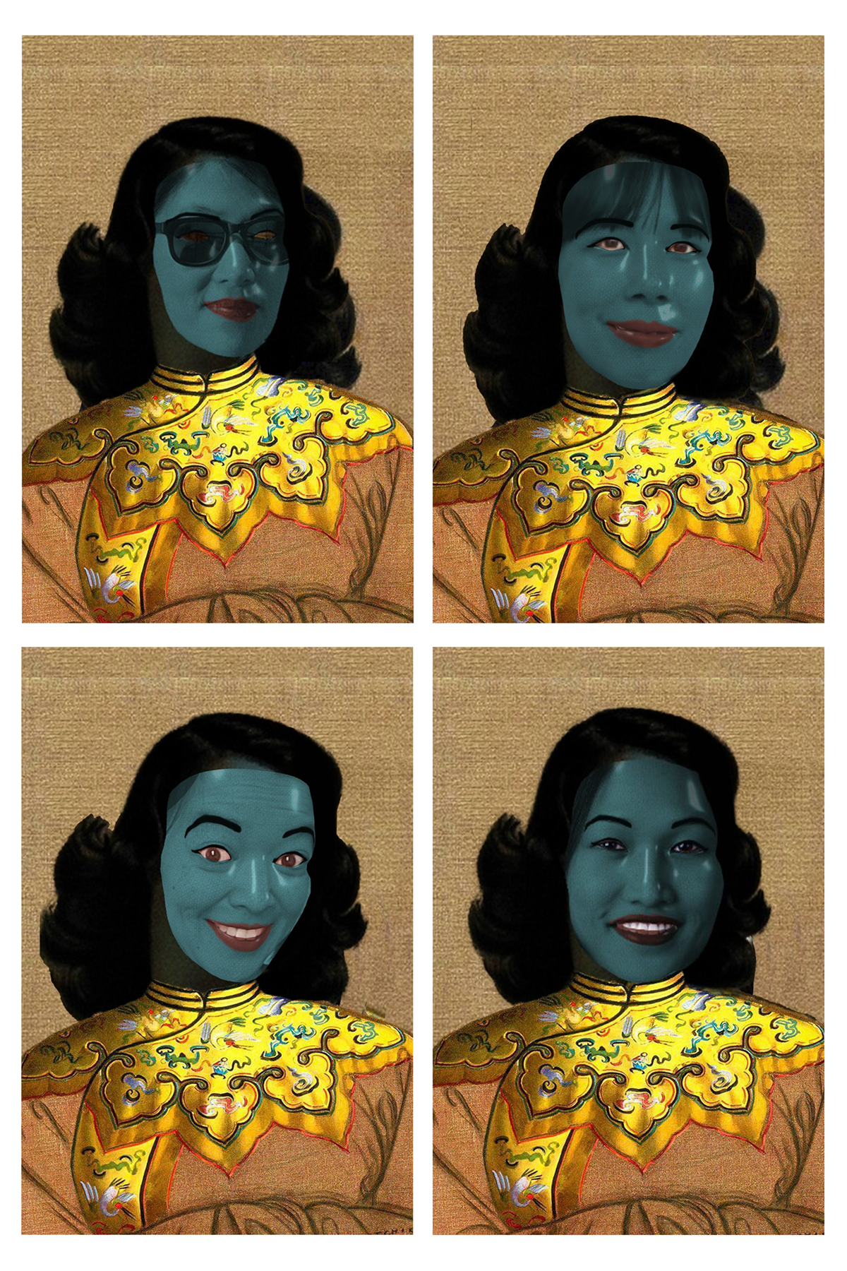 Grid of portraits of four Asian women with the same blue face filter, based on a kitsch Tretchikoff painting called 'Chinese Girl'