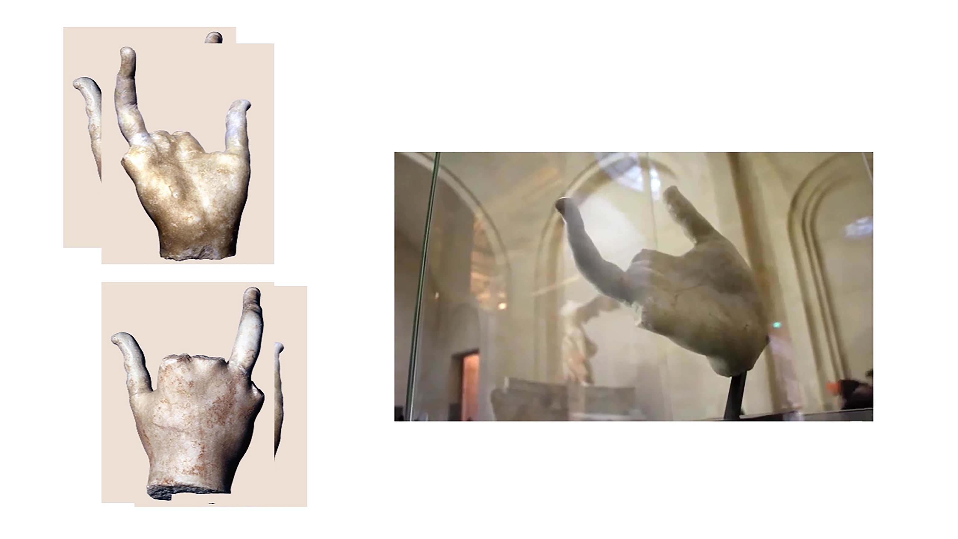 Video still showing three images of stone-sculpture of a hand.