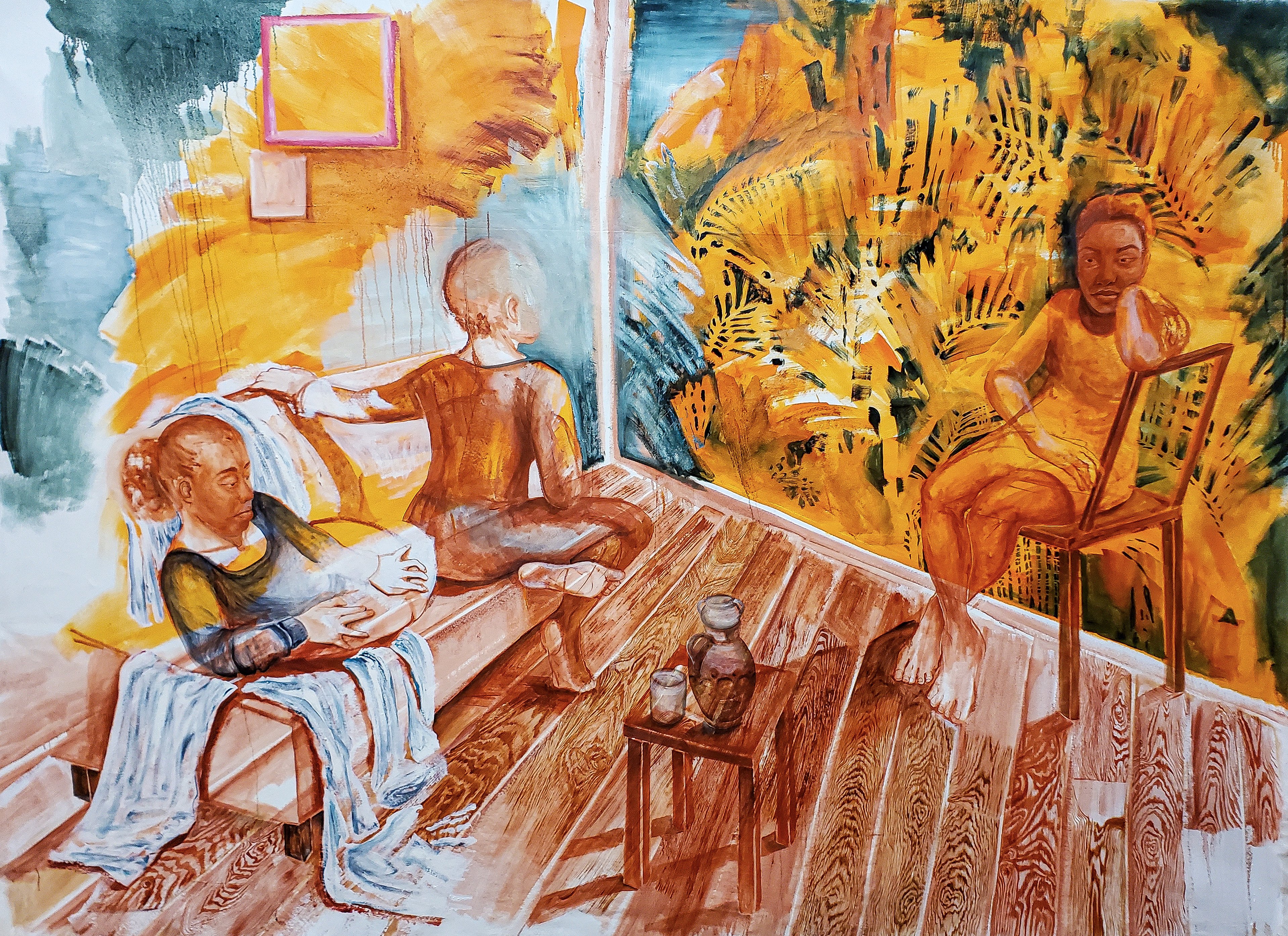This is a painting of three black women sitting in quiet contemplation inside a room with wood grain floors and murals of golden tropical leaves painted on the green blue walls.