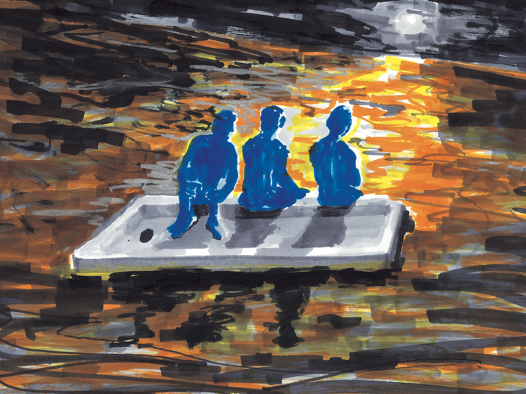 In the center of this drawing three blue human figures sit on top of a white shower base. It resembles a raft floating in water at sunset - with yellow and orange light reflecting across the surface of a black and gray ocean.