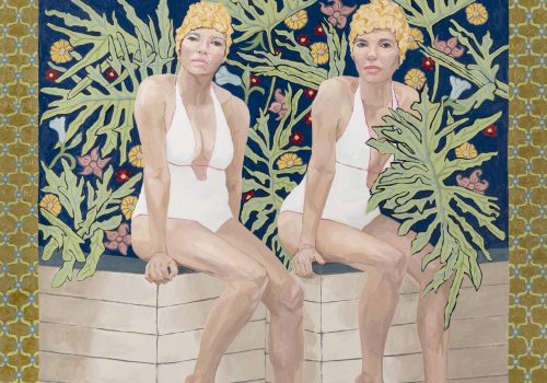 This is a painting of two light-skinned Black women dressed in white swimsuits and bathing caps sitting on a planter filled with tropical plants.