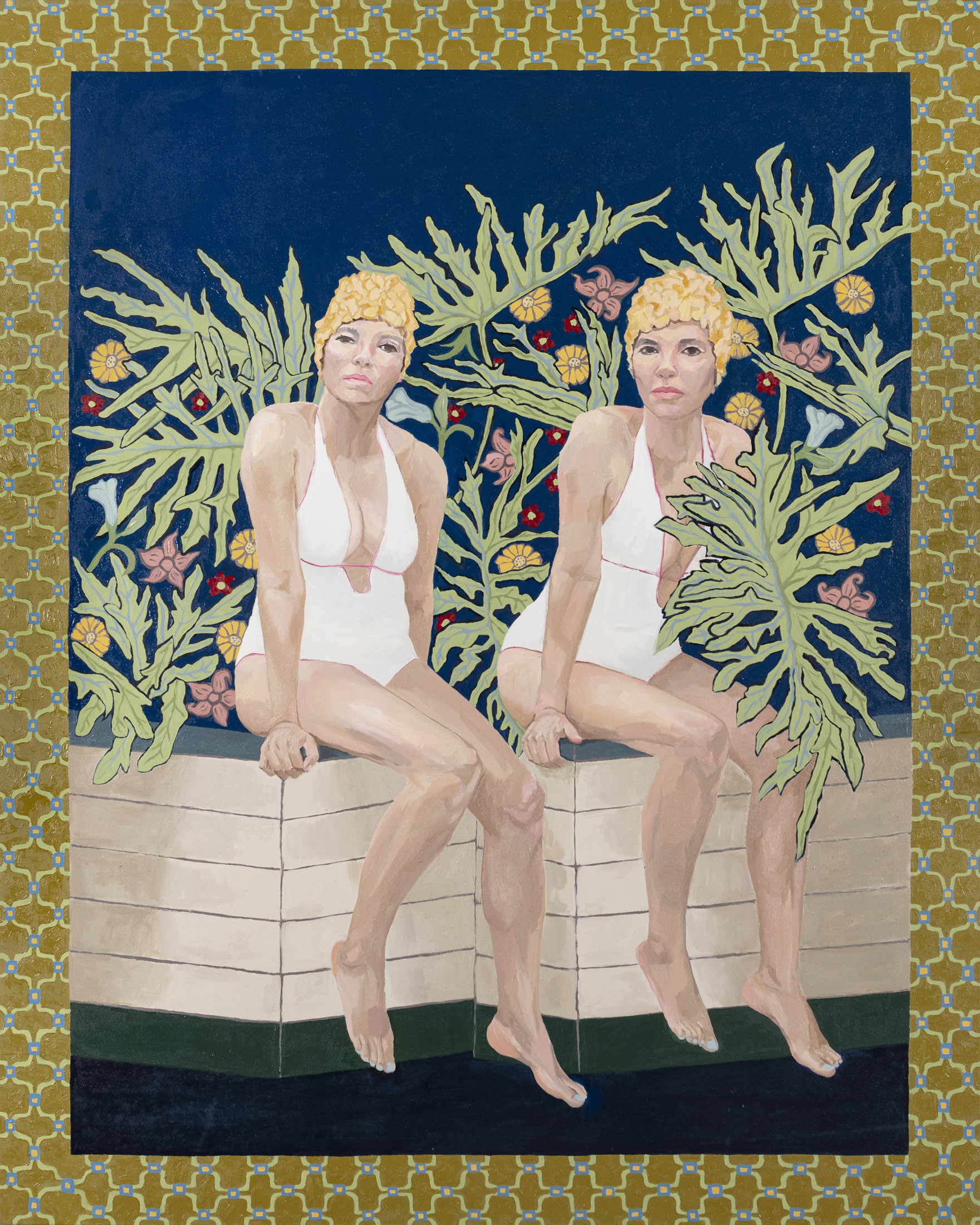 This is a painting of two light-skinned Black women dressed in white swimsuits and bathing caps sitting on a planter filled with tropical plants.