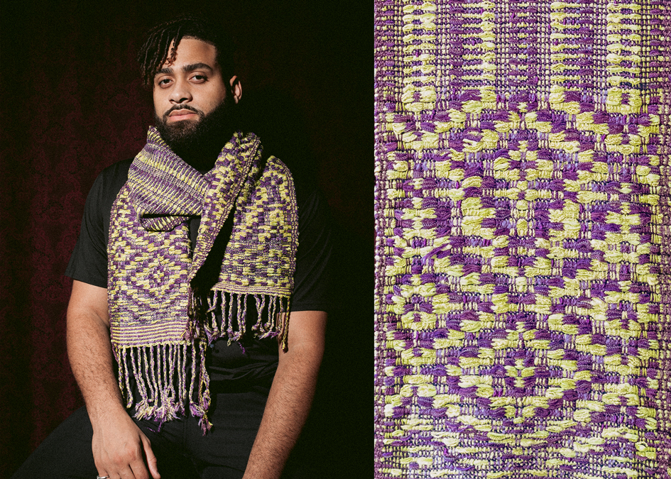 A figure wears a handwoven scarf in radioactive lime green and a reddish purple, woven in a boundweave structure to create large geometric motifs. There is a detail inset image highlighting the pattern and shows the center section of the scarf is an extended repeat similar to a glitched image.