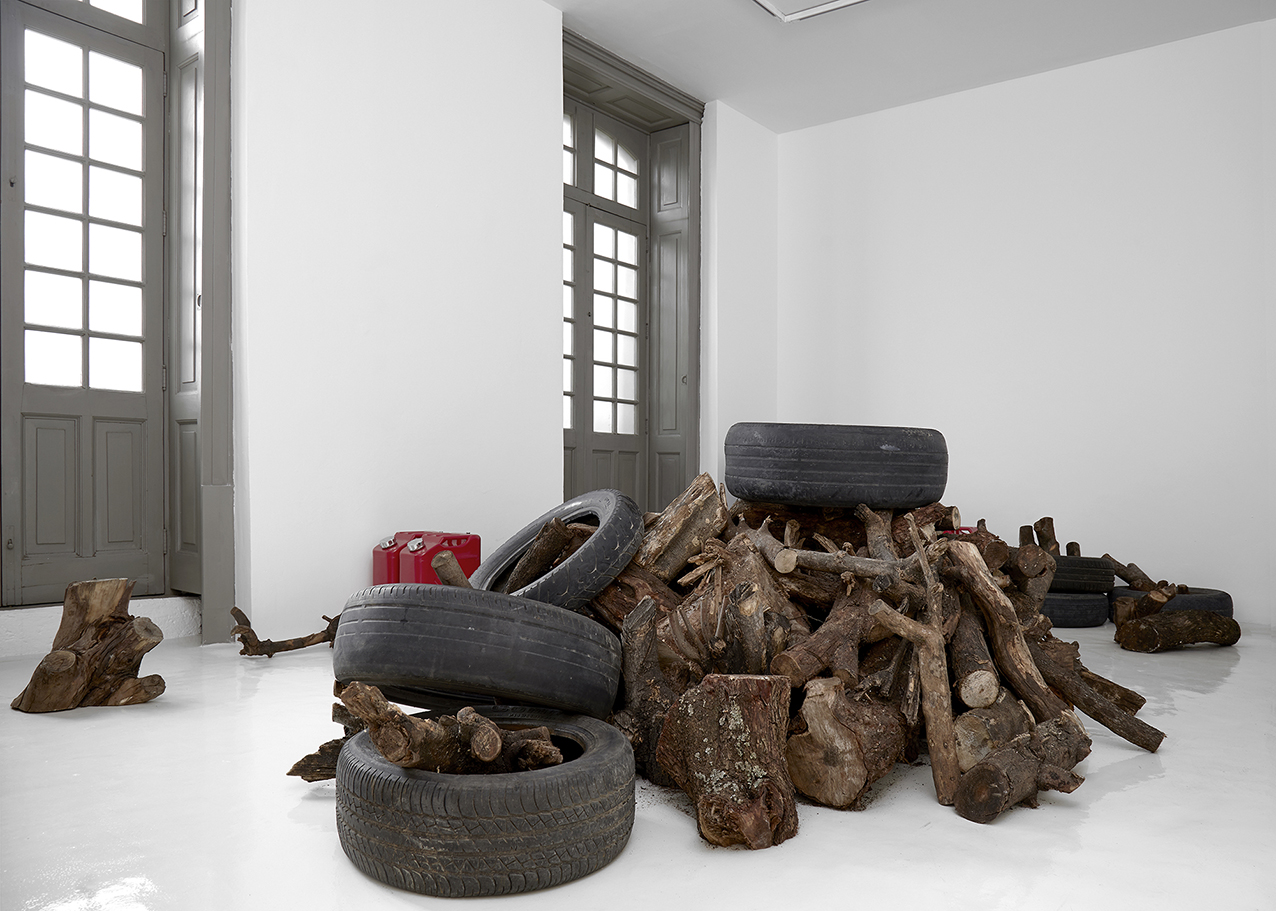 Installation composed by the accumulation of the exact amount of specific materials needed to reduce a human body to ashes in an open field setting. The quantities of wood, rubber and combustible used in this work -25 tires, 1675 lb of wood and 71 liters of gasoline or similar flammable liquids- were determined by independent reports of forensic research teams currently working to solve recurring episodes of mass disappearances in various regions of Latin America.