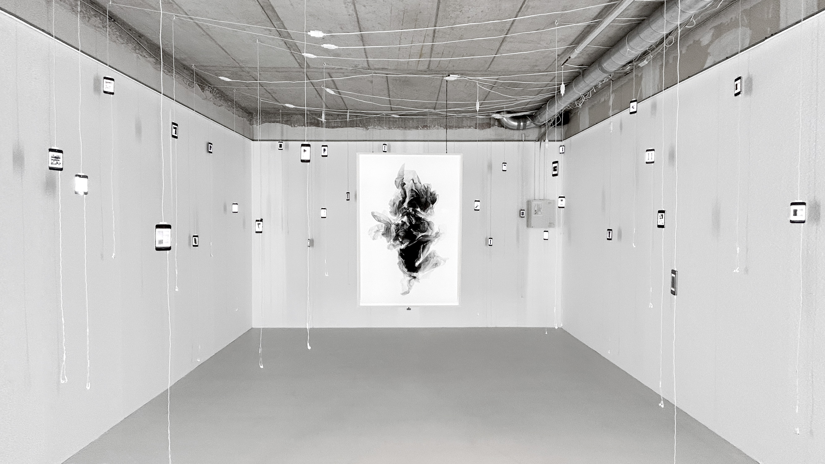 Installation view of exhibition, including sonic compositions by Natalia Kiës; in situ at the exhibition “Pulsar;” Internationale Photoszene Festival Cologne, 2023