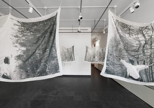 Four black-and-white photographic prints on fabric are hung from the ceiling; they show a Black figure in various poses of reaching.