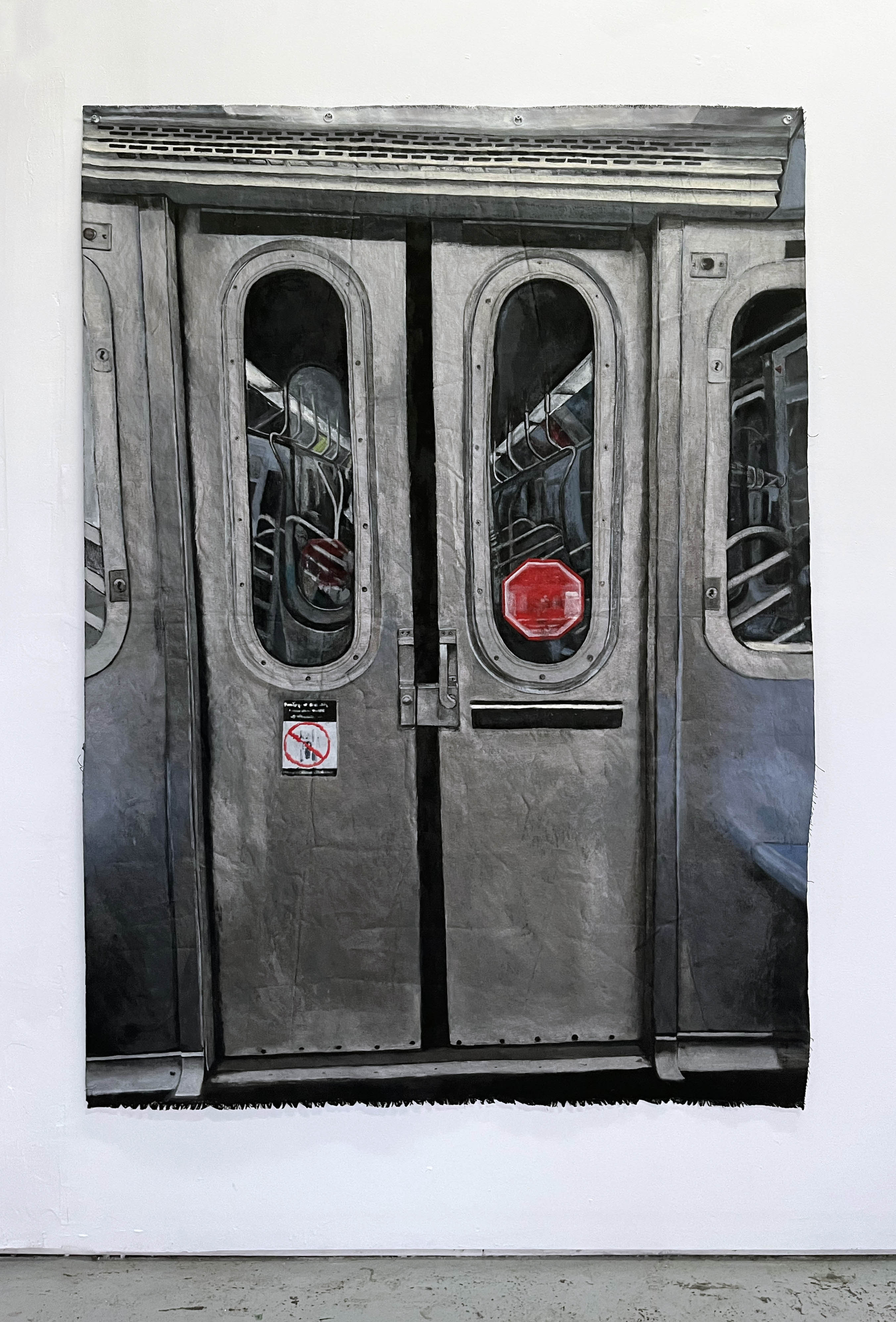 Realistically painted view from inside the NYC subway of the subway doors between trains