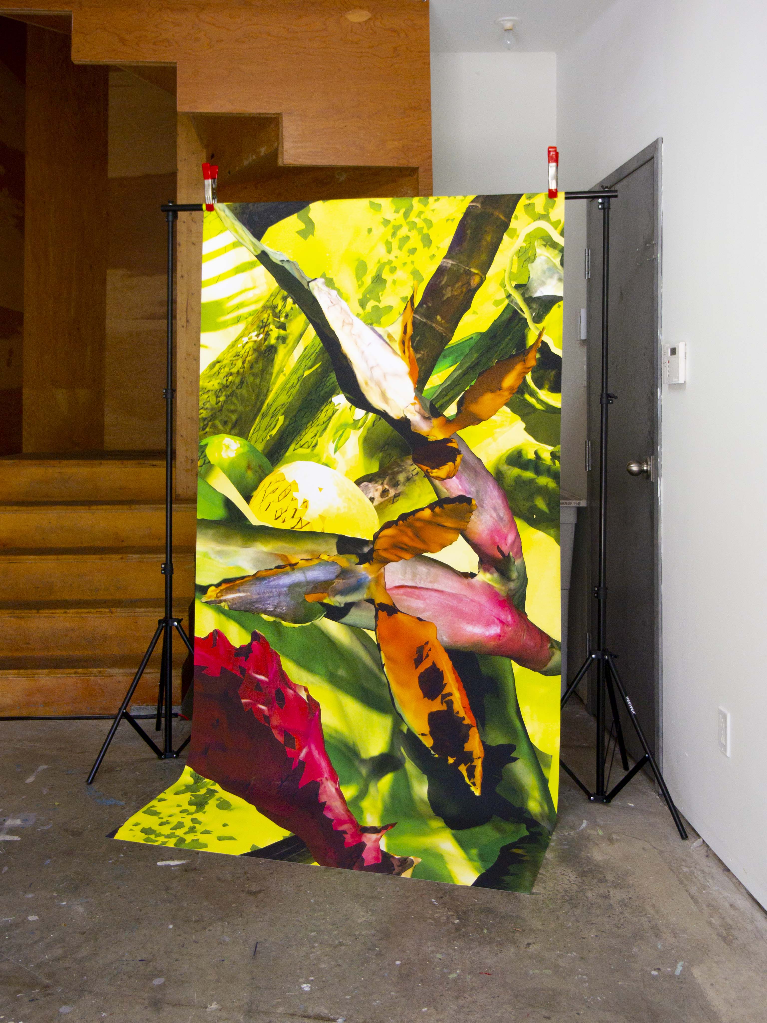 A collaged image of 3D scanned birds of paradise, sugar cane, ginger, and other plants on a large banner which is supported on a photo backdrop stand.