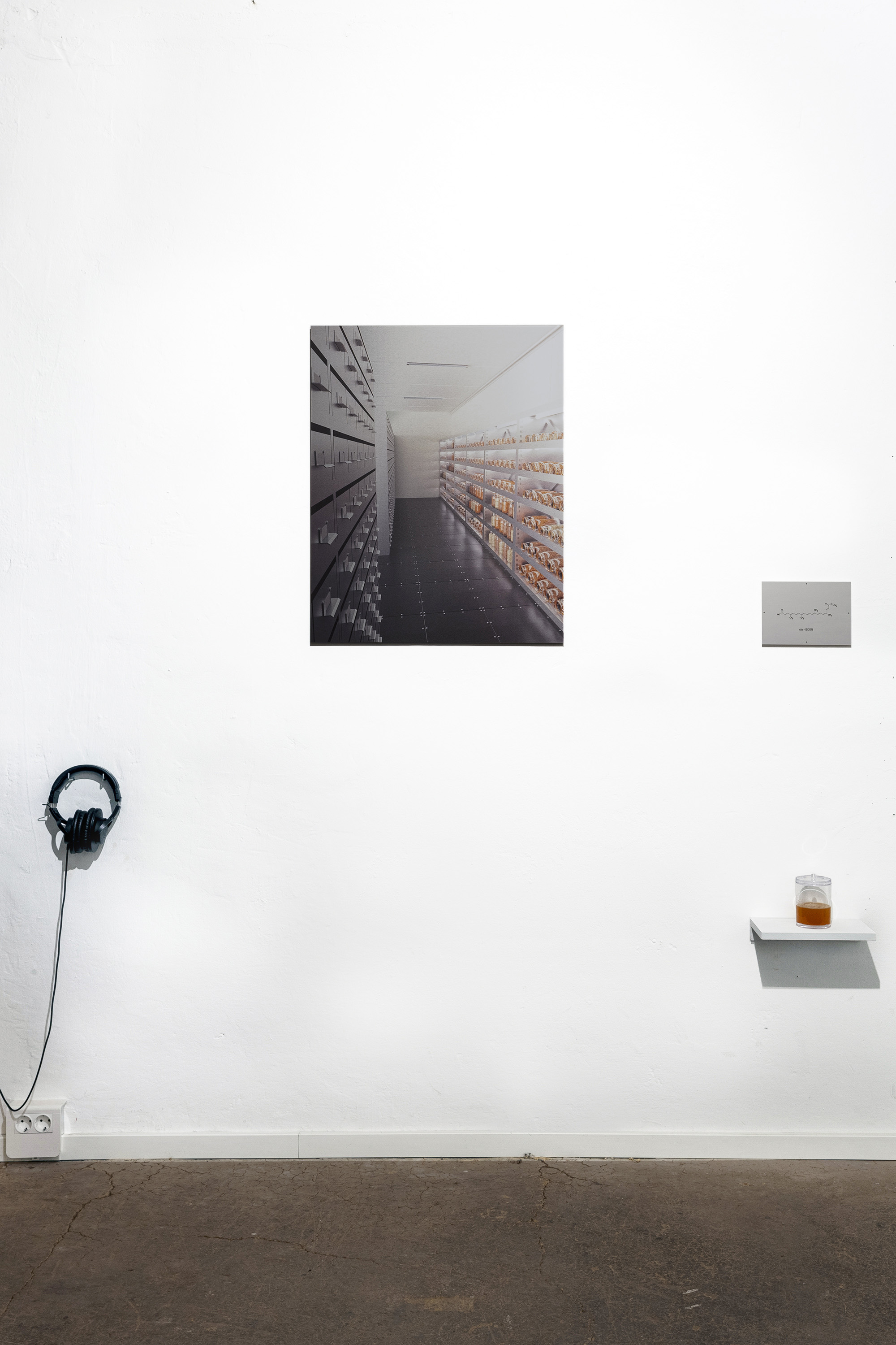 An image of an interior of a seed bank printed on an aluminum panel is mounted to a white gallery wall. On the left hand side of the panel there are a pair of headphones mounted to the wall and on the right hand side there is a small jar filled with an orange liquid resting on a small shelf.