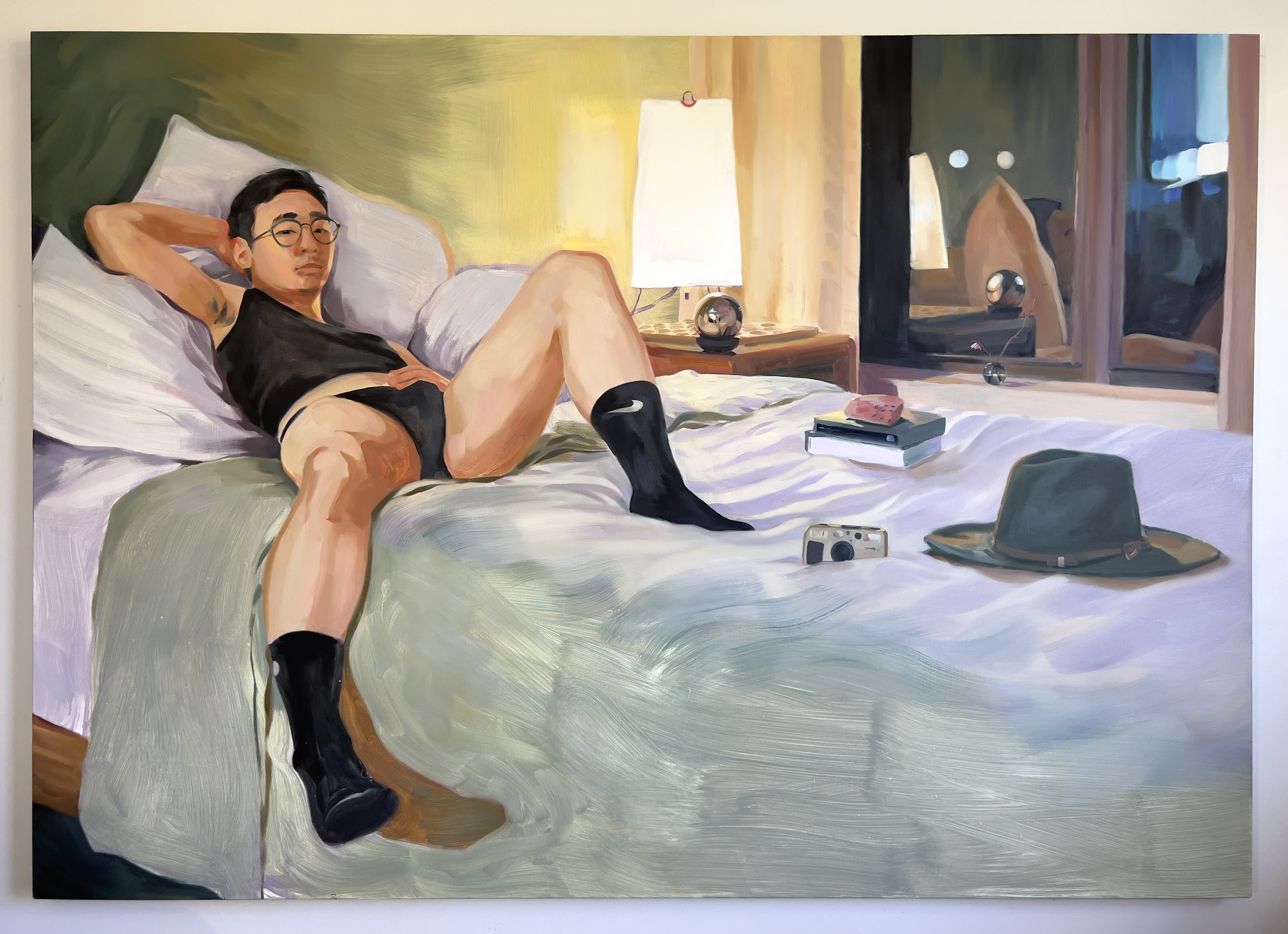 A painting of my dear friend Simon Sok. Simon is a member of my Queer and Trans Asian Pacific Islander community and chosen family in Brooklyn, New York. The painting depicts Simon in his home with a selection of his favorite objects