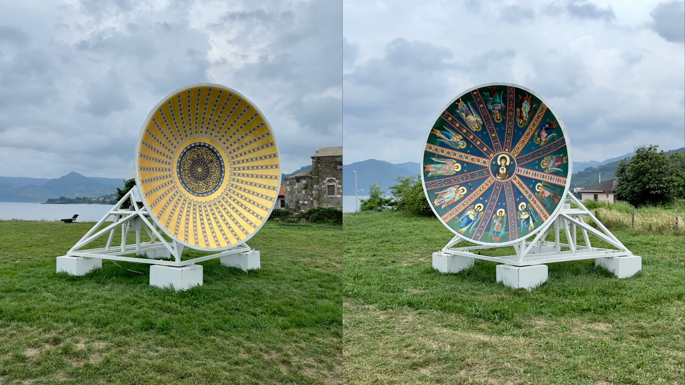 Throughout history, domes—the components of buildings pointing to the sky—have been identified as the source of spirituality and able to deliver the images, narratives, and messages of the skies. In this work, two large-sized satellite dishes whirling around their axes stand level with the audience and, with their controlled rotation, get in a loop akin to the movement of the planet, the sun, and the moon, formation of months and years. One of the dishes of these two technical systems holds the ornaments and the Arabic calligraphy of the dome of Hagia Sophia. The other one carries the dome of parecclesion of Chora Monastery depicting the Virgin and Child and the angels. The forms and the ornaments of these small representations of the vault of heaven have been adapted to the antenna systems used to communicate, observe, and receive signals. The micro vaults of heaven are placed next to people instead of above. They unite with the sky in the open air. This work directs people’s gaze to outer space, the unknown, and the infinitude of imagination and reflects hope about the future.