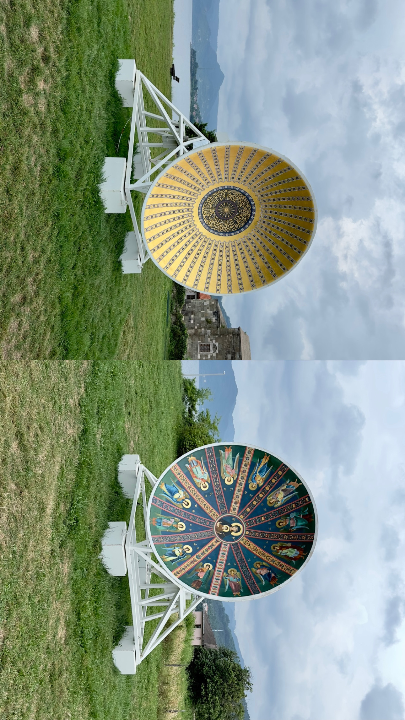 Throughout history, domes—the components of buildings pointing to the sky—have been identified as the source of spirituality and able to deliver the images, narratives, and messages of the skies. In this work, two large-sized satellite dishes whirling around their axes stand level with the audience and, with their controlled rotation, get in a loop akin to the movement of the planet, the sun, and the moon, formation of months and years. One of the dishes of these two technical systems holds the ornaments and the Arabic calligraphy of the dome of Hagia Sophia. The other one carries the dome of parecclesion of Chora Monastery depicting the Virgin and Child and the angels. The forms and the ornaments of these small representations of the vault of heaven have been adapted to the antenna systems used to communicate, observe, and receive signals. The micro vaults of heaven are placed next to people instead of above. They unite with the sky in the open air. This work directs people’s gaze to outer space, the unknown, and the infinitude of imagination and reflects hope about the future.