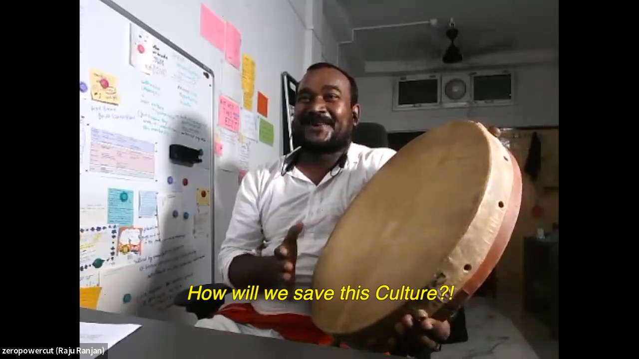 public-folk singer-performer, Raju Ranjan performs anti-caste songs/text co-written with Kashyap, at zeropowercut base, Sadikpur, Patna-(old)City. The subtitles read: How will we save this culture?!