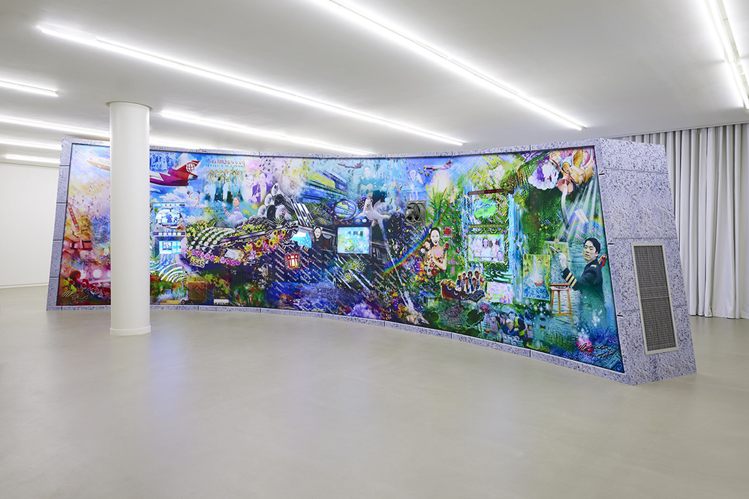 A large, detailed painting installation fills the museum floor, depicting a bustling cityscape in vivid colors.