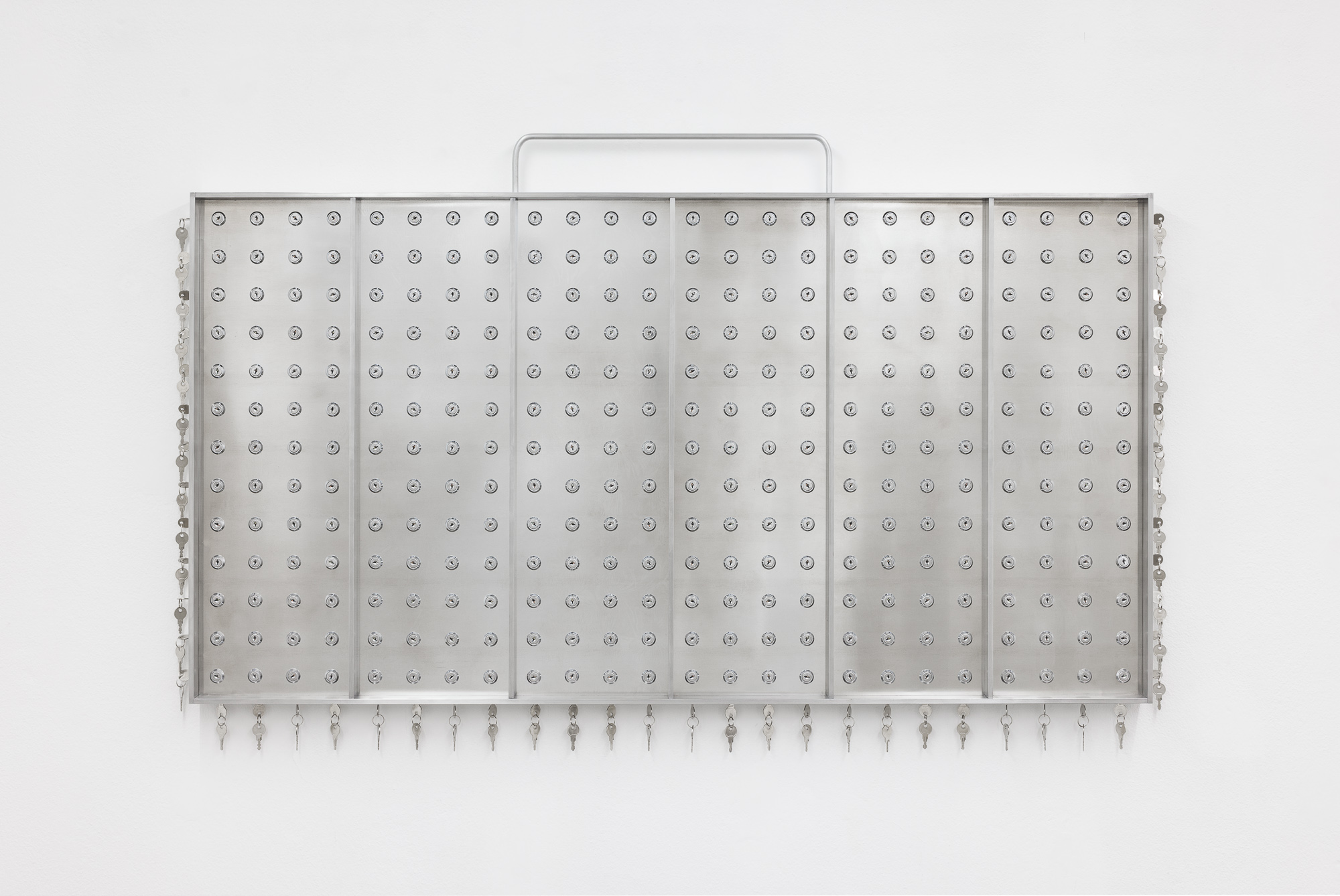 An aluminum frame embedded with a grid of locks