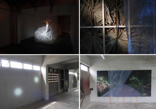 28'54'' video installation projected on three layers of netting, coconut and palmyra leafes, headlamps, four paintings