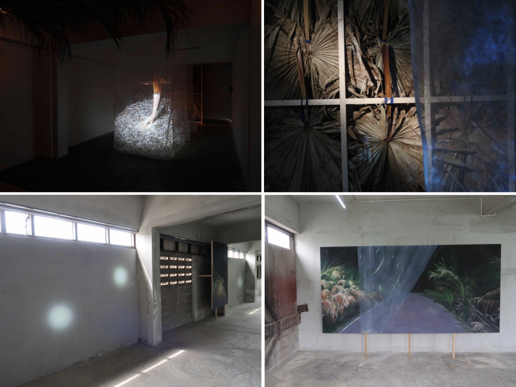 28'54'' video installation projected on three layers of netting, coconut and palmyra leafes, headlamps, four paintings