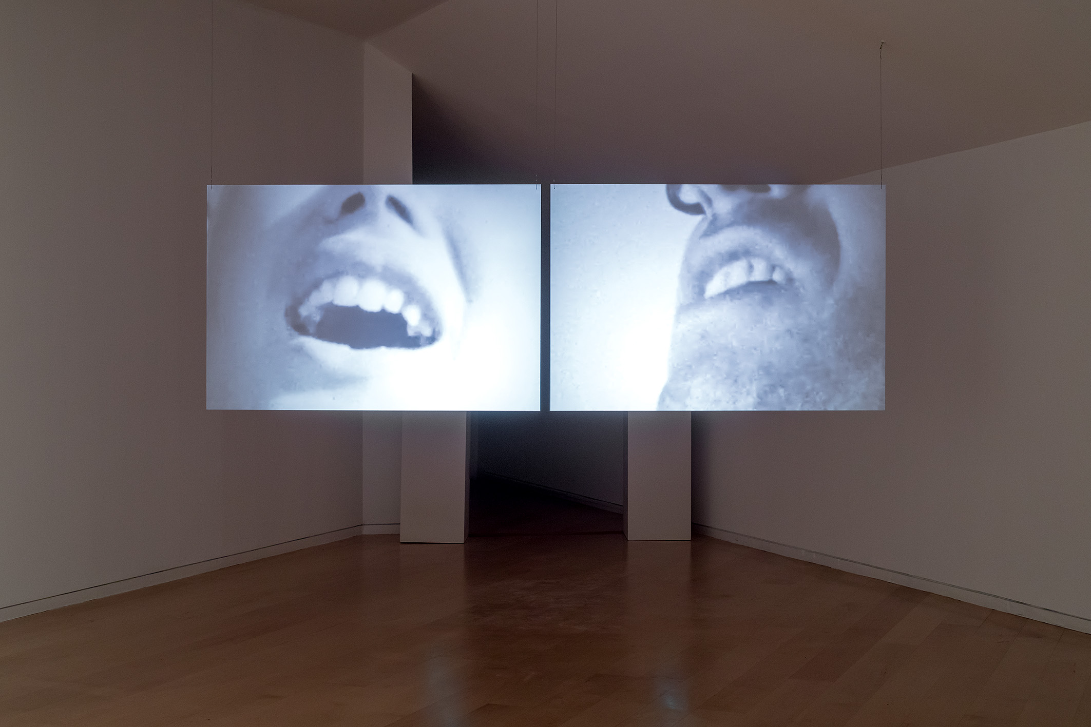 Still image from video, showing two screens with close up images of two people singing