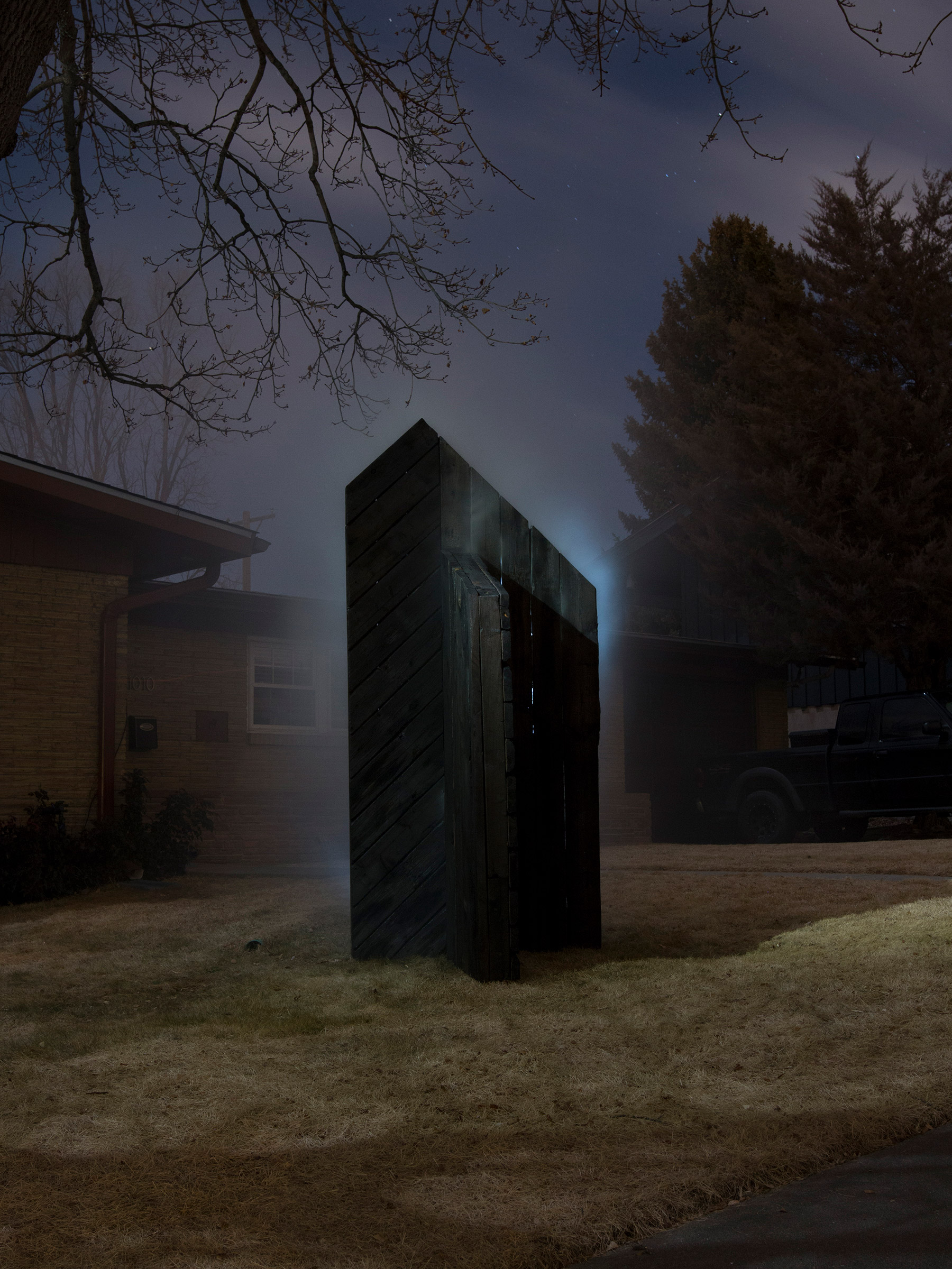 Hehku II is a site-specific installation standing in a suburban Colorado landscape at The Yard project space. The work reveals the process of charring, though it is unclear if the sculpture is devolving or evolving. The structure is still smoldering from the burning process, but the vapor appears as much like a strange mist as it does smoke, which creates an unknown aspect and an undeniable presence.