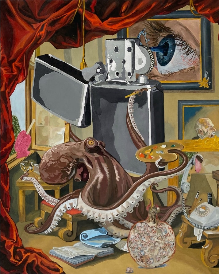 A surrealist painting that invites viewers to lose themselves in its intricate details and layered narrative. The composition is rich with whimsical and unexpected elements, such as an octopus wielding a painter’s palette, a colossal lighter, and fragmented, dreamlike vignettes framed within the scene. Each object seems to exist in its own universe while contributing to the broader, enigmatic story. The more one looks, the more hidden connections and surprises emerge, embodying the essence of nostalgia and longing that the title suggests. "Saudada" transforms the act of observation into an immersive, exploratory journey.