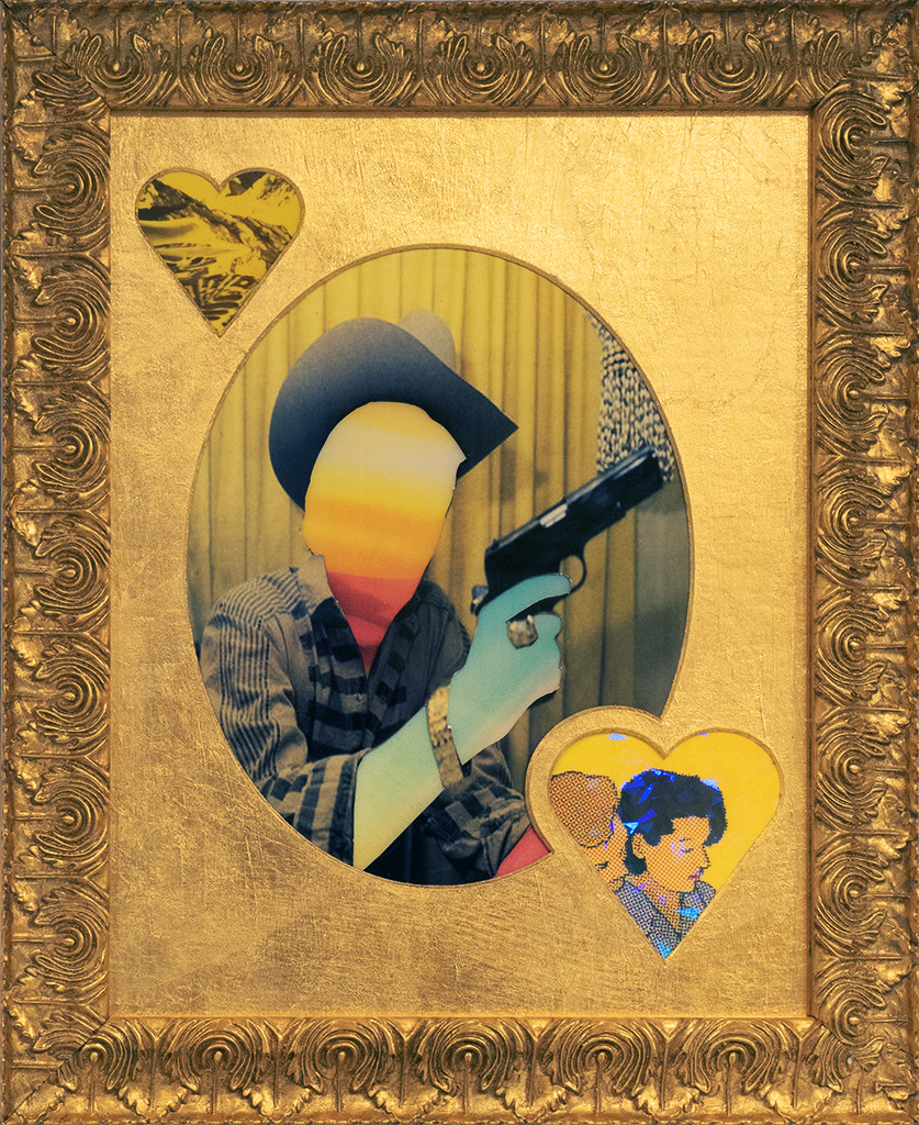 A framed artwork consisting of a golden molded ornamental picture frame and a gold leafed photo mat with shapes cut out. The main oval opening contains a photo collage of a man in a cowboyhat and gold jewelry holding a gun, his head and hands are cut out to reveal skies from other images underneath. The two heart openings reveal additional small photograph-like vignettes.