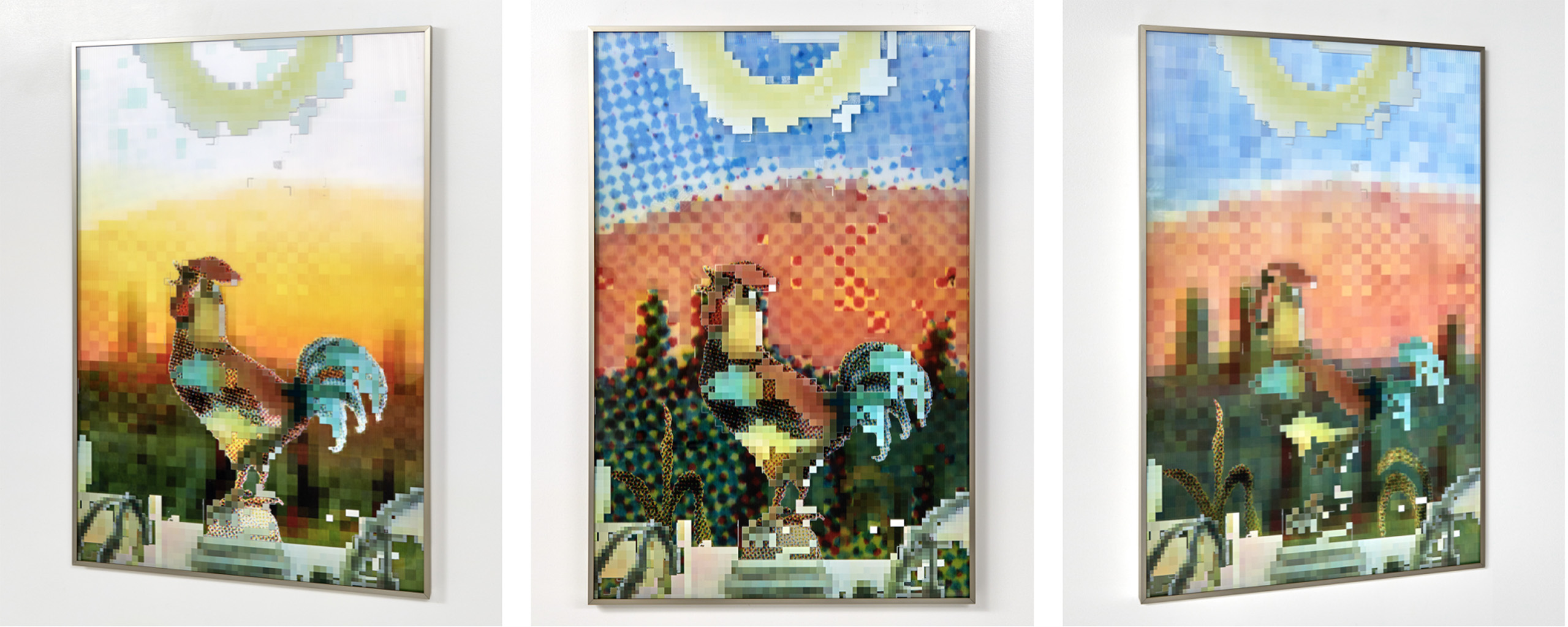 A framed artwork that is built from an underlying lenticular print layer, and a fragemented pixelated image printed on the surface of the plexi glaze. As the viewer moves in front of the work, the lenticular image changes between a sunset style gradient and a more pastoral color scheme featuring a low-resolution rooster in the center.