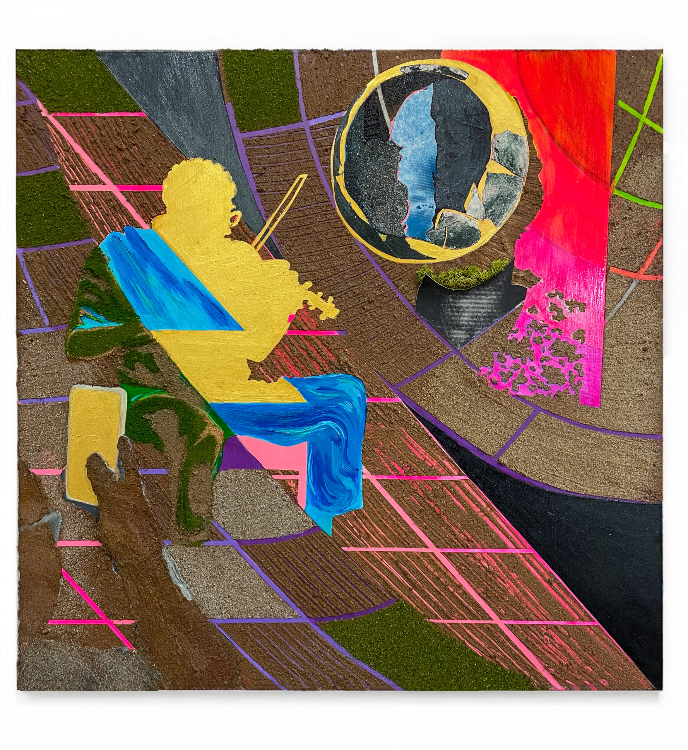 A textured mixed-media artwork featuring a silhouette of a musician playing the violin, draped in bold blue and yellow hues. The background is an abstract, fragmented landscape with geometric lines, earthy textures, and patches of moss. A partially broken circular form resembling a moon or planet hovers above, with bright red and pink elements suggesting energy or disruption.