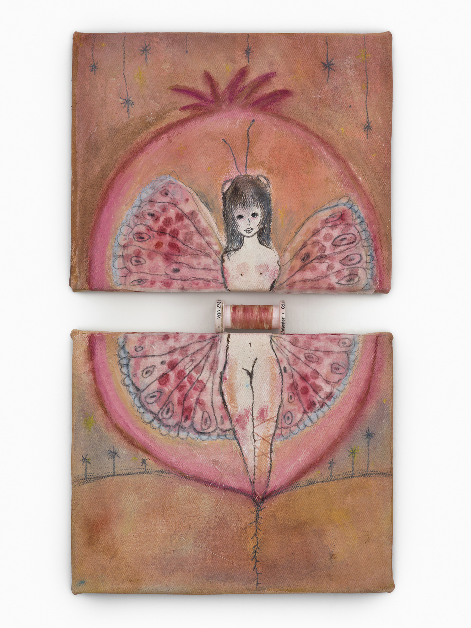 Diptych painting of a female figure with butterfly wings, framed by a pomegranate-like form, stitched across the two canvases.