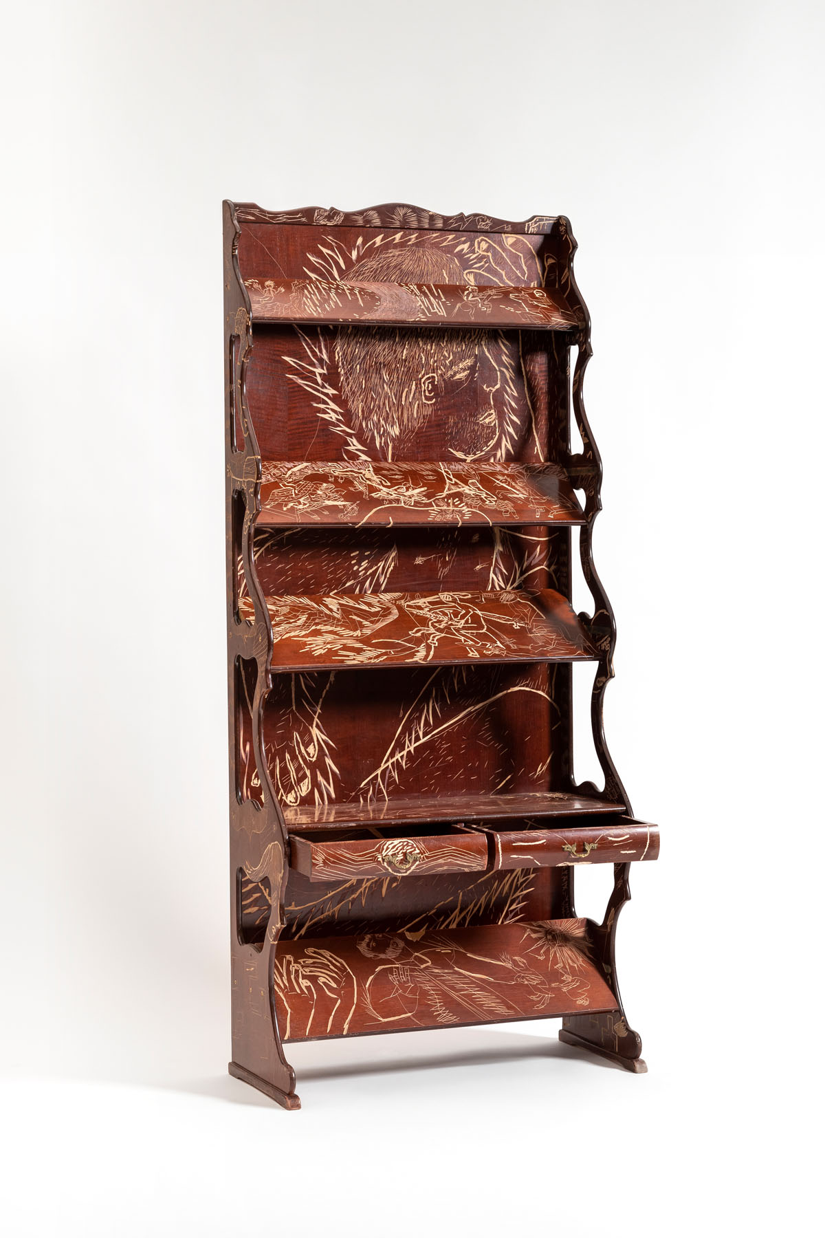 This piece is part of the research I conducted during my last residency at Collegium (Arévalo, Spain) and originates from a found object: a bookshelf with slippery shelves that, due to strange angles, deny its original functionality. On its surface, sgraffito lines narrate the dreams and desires of a young Saint Ignatius, fictionalized to explore the similarity between childhood desires and historical legacies. The work reflects on the tension between the everyday and the monumental in history, challenging the rigidity of traditional form and narrative.