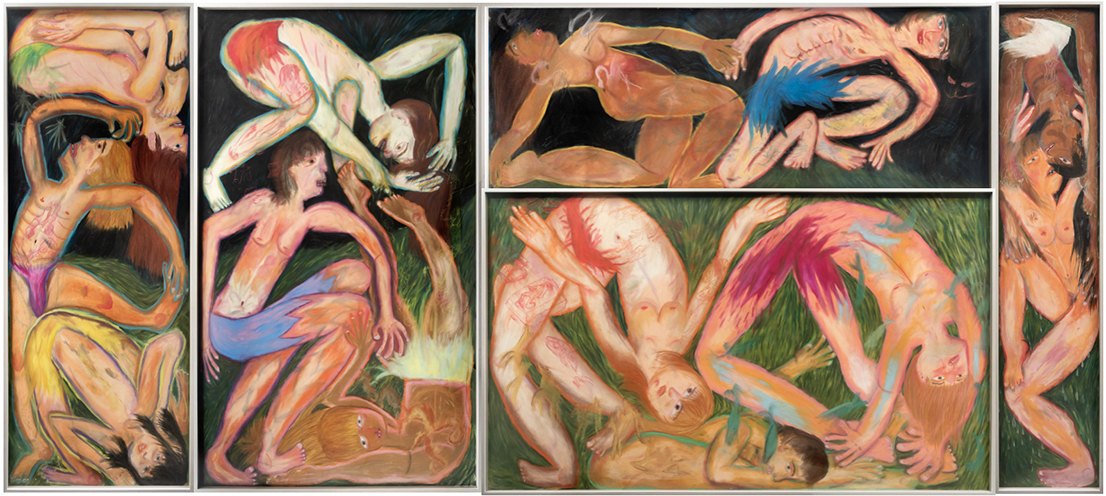 Each rectangle encloses a scene between characters who contort themselves to fit into the space, creating their own “dance.” Through their skins and colors, the bodies reveal personal memories and recollections, while some lines evoke animals that suggest the spirit of movement. The artwork, conceived as an immersive mural, explores the bodily behavior and intimacy of each figure, establishing a dialogue between the body and the space.