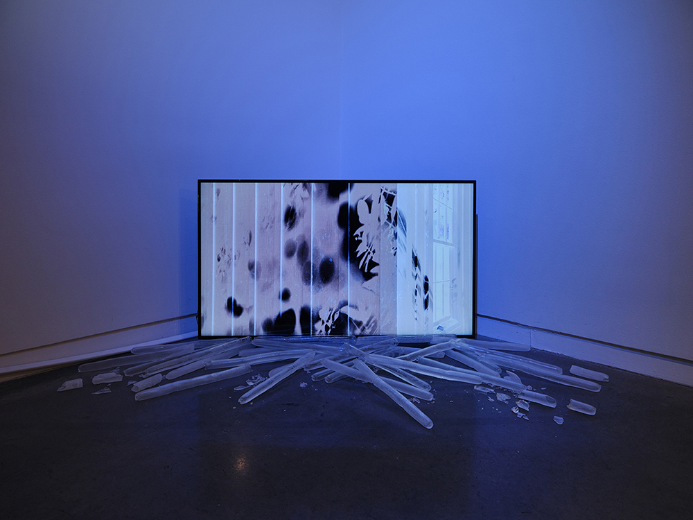 Video monitor placed on gallery floor showing a still from Passages II, with cast sugarcane sculptures in the foreground.