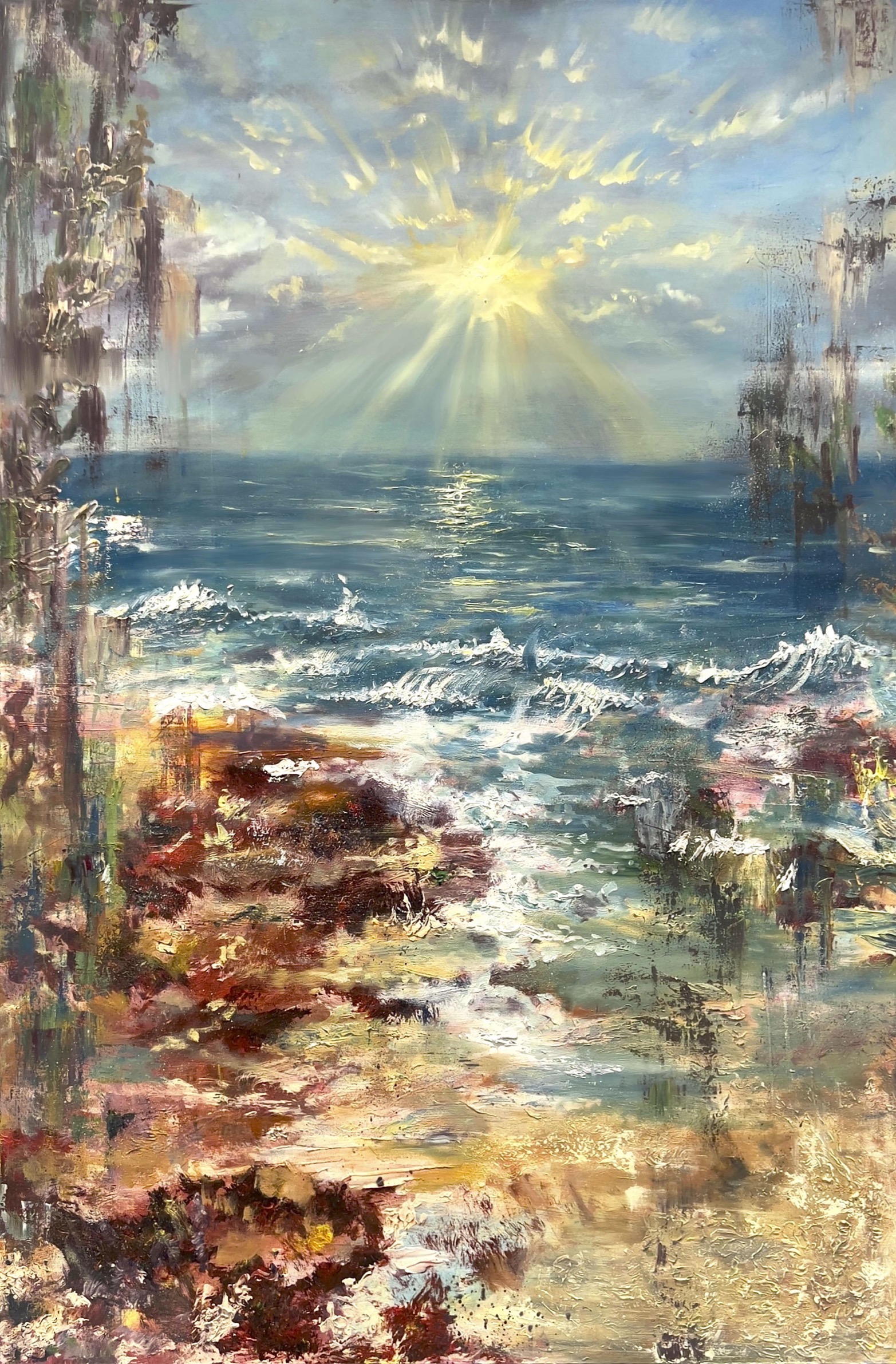 “Al-Zubara Waves" portrays the serene sunset at Al Zubara Beach in Qatar, where the sun's rays break through the clouds, casting a luminous glow on the cresting waves. The painting vibrates with the energy of the sea, contrasting the warm tones of the sunset against the cool blues of the ocean.