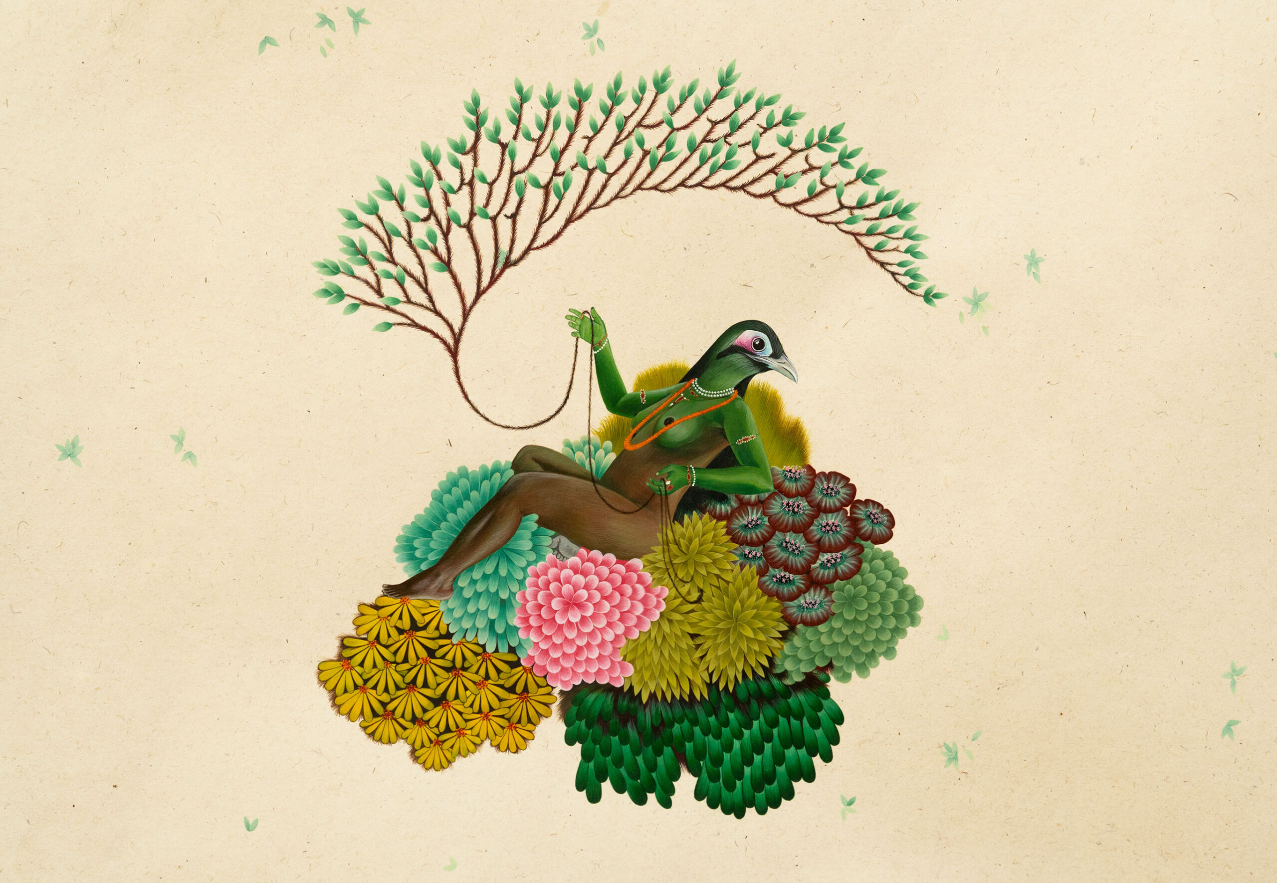 In this painting, a Chthonic Being has the head of a critoically endangered bird “Sumatran Ground Cuckoo. She is depicted recling on a cluster of leaves, as if her throne and hovering above the body of water or maybe mountains. She is holding a tree (of life) and is in conversation with a Polymorphous Being. The Polymorphous Being is comprised of the head of Sumatran Ground Cuckoo and various kinds of leaves, fungi, moss, grasses and branches intertwined with each other. The concept of Yoginis and Polymorphous Beings are explained in the above slide.